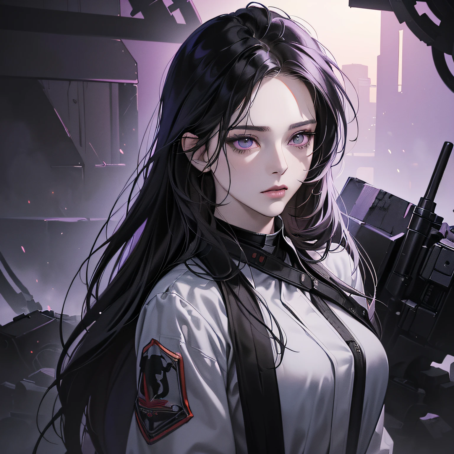 (best quality, (masterpiece), (8k, realistic, digital illustration detailed digital art, 1:5 HDR, dark lighting), dark, chaotic environment, perfect face, manhwa art, anime style, one woman, 25 years old, hair black, perfect lilac eyes (without expression), pale skin, covered in blood, black tactical clothing