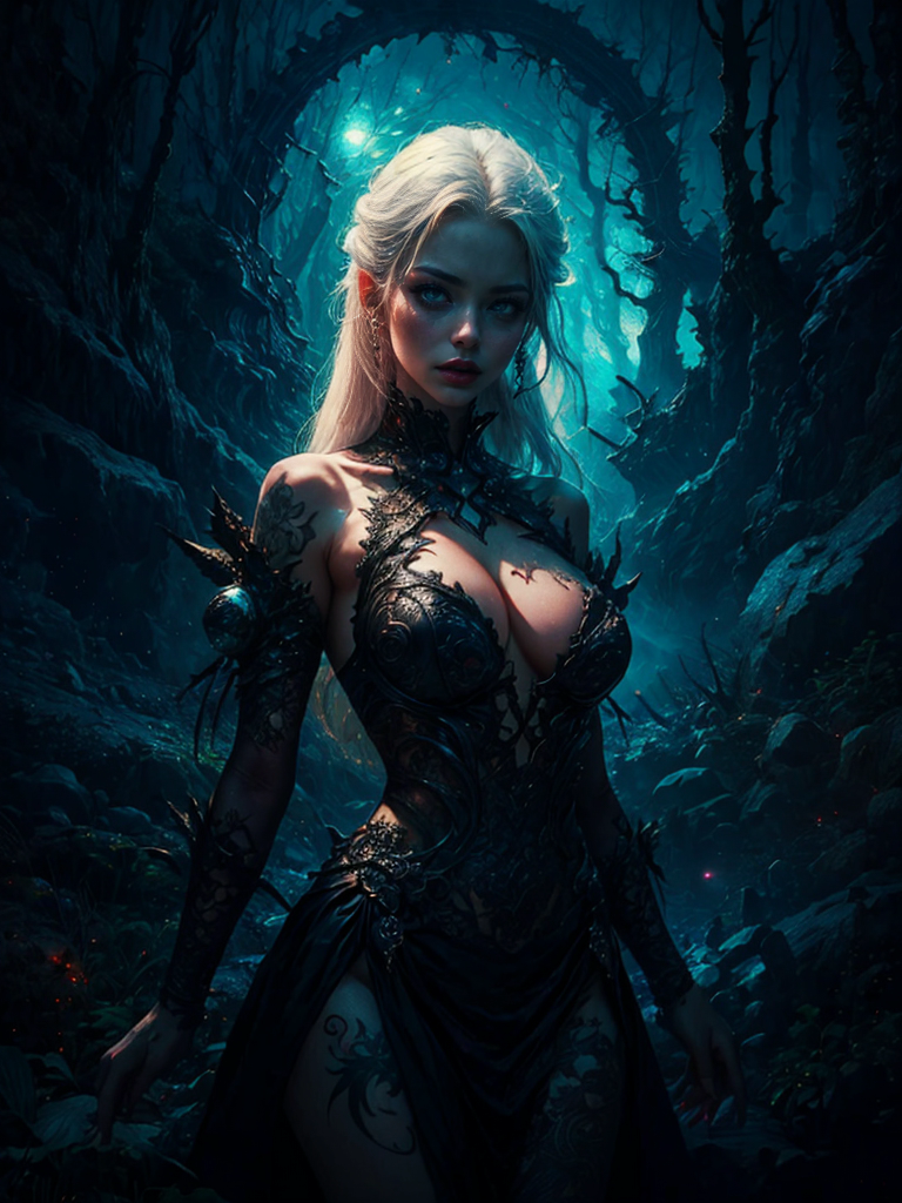 extreme dark forest in background, colorful. sinister, Aurora, mythical and magical, erotic pose, pore white hair, small tits, big eyes, body covered with tattoo, red lips, erotic, dark light, black dress ,glowing