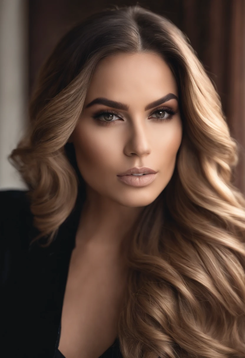 Mulher loira com cabelo longo vestindo uma jaqueta preta e um fundo rosa, morena com cabelos loiros tingidos, olhando para o lado, longos cabelos loiros e olhos grandes, inspired by Károly Lotz, imagem de perfil, cabelo liso sedoso perfeito, arrebatando ombre cabelo loiro, penteado liso, longos cabelos loiros lisos, com longos cabelos loiros, Foto de perfil, foto de perfil profissional, sorrindo