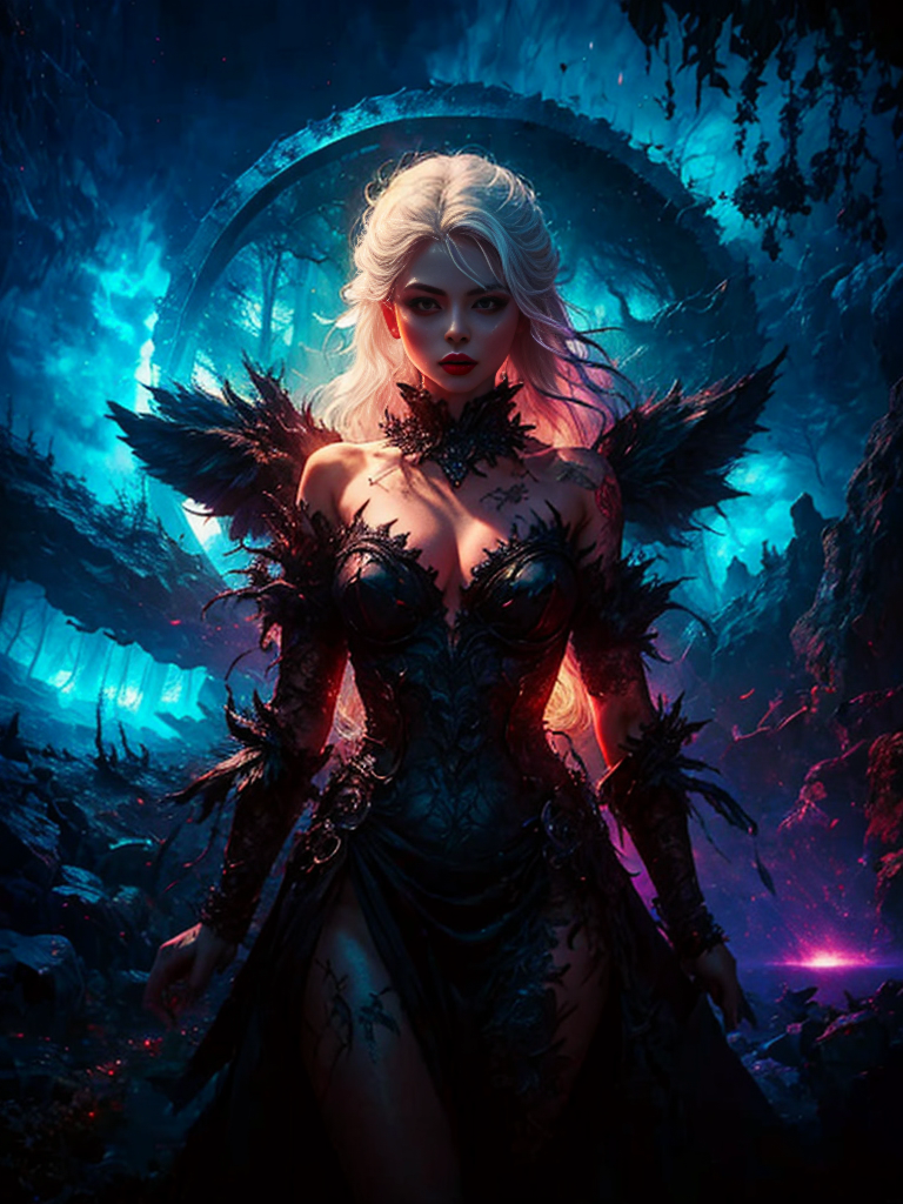 extreme dark forest in background, colorful. sinister, Aurora, mythical and magical, erotic pose, pore white hair, small tits, big eyes, body covered with tattoo, red lips, erotic, dark light, black dress ,glowing