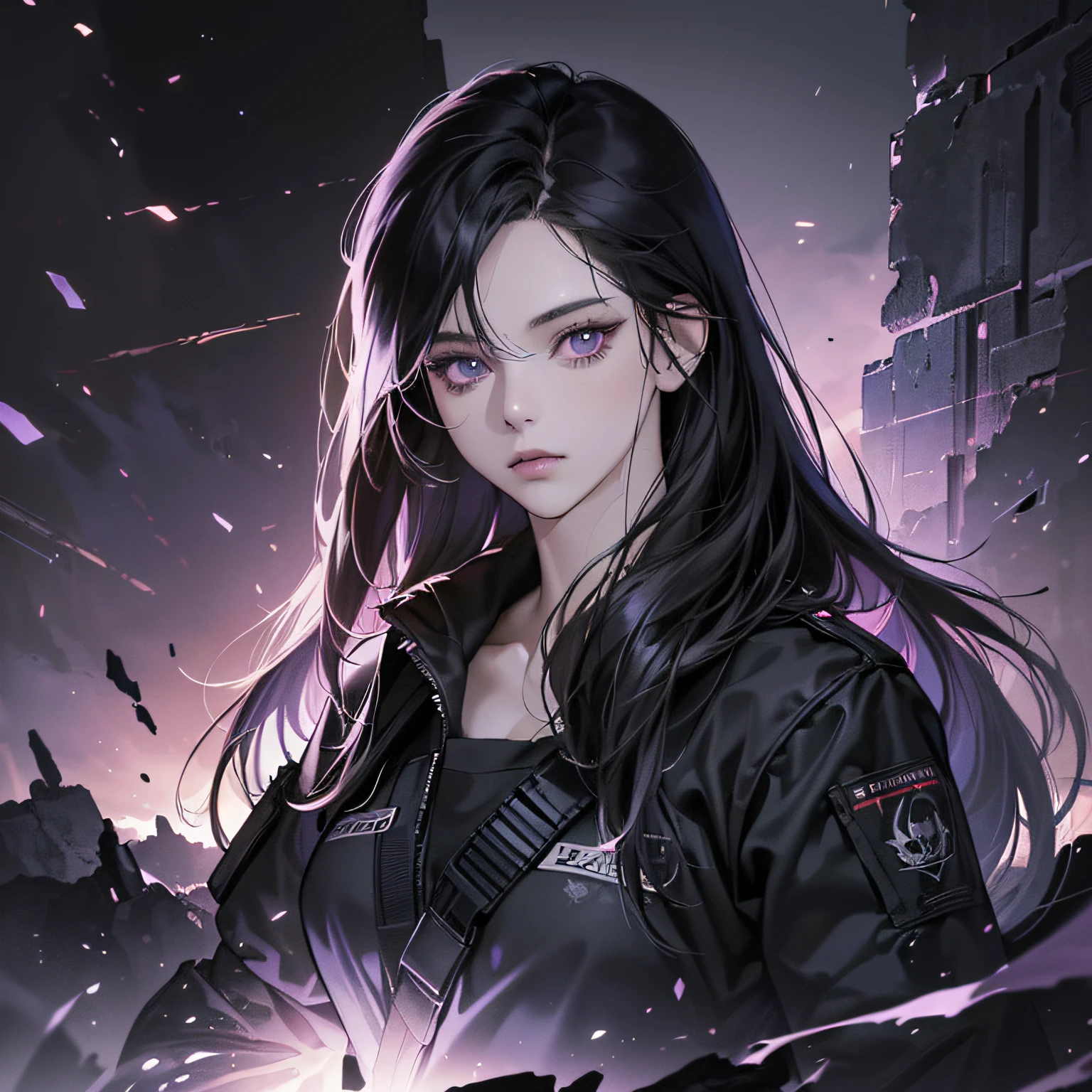 (best quality, (masterpiece), (8k, realistic, digital illustration detailed digital art, 1:5 HDR, dark lighting), dark, chaotic environment, perfect face, manhwa art, anime style, one woman, 25 years old, hair black, perfect lilac eyes (without expression), pale skin, covered in blood, black tactical clothing