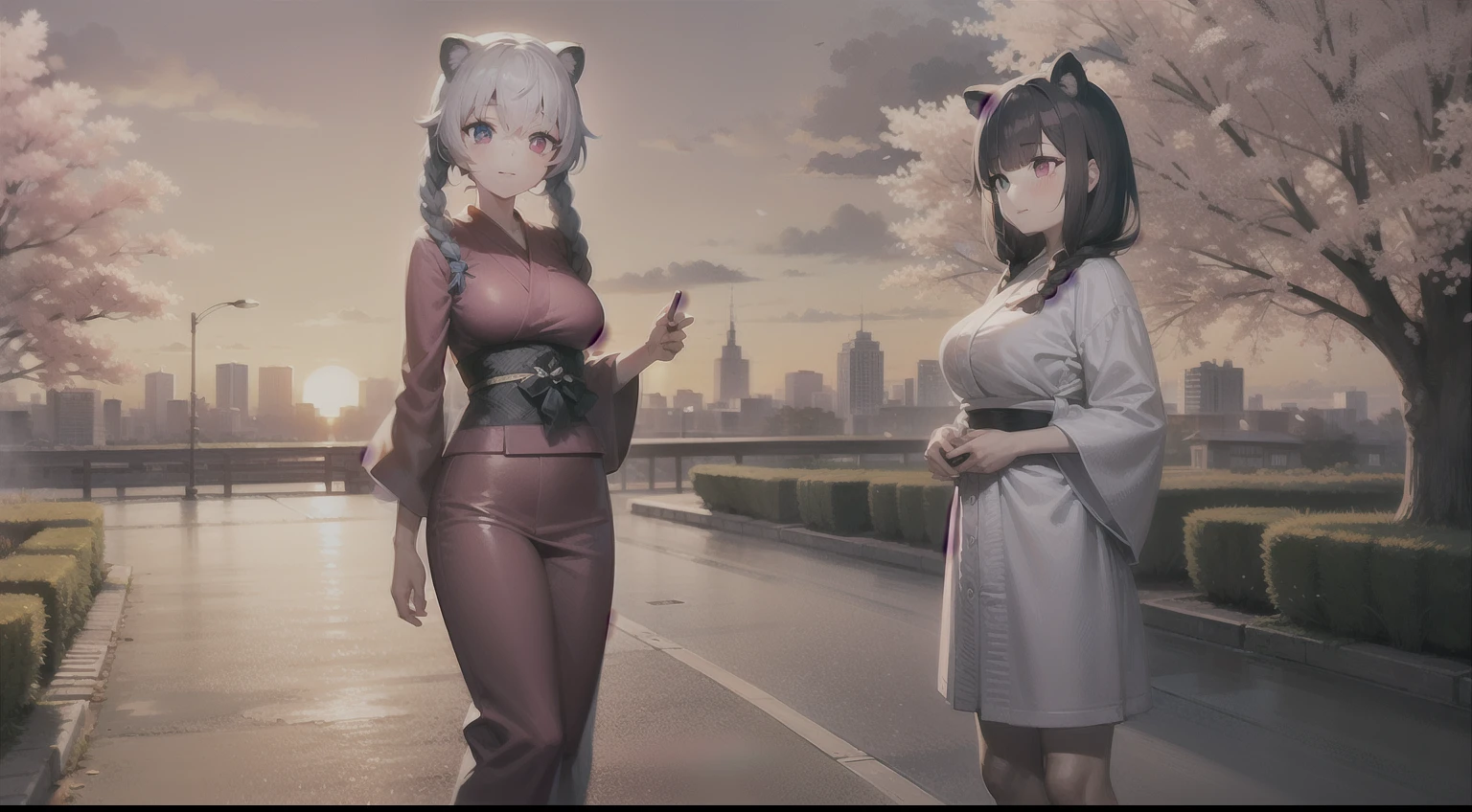 spring, sunset, cherry blossom, city, 2girls, large breasts, sensual yukata, twin braids, eye heterochromia, raccoon ears, full body, best quality, ultra detailed,