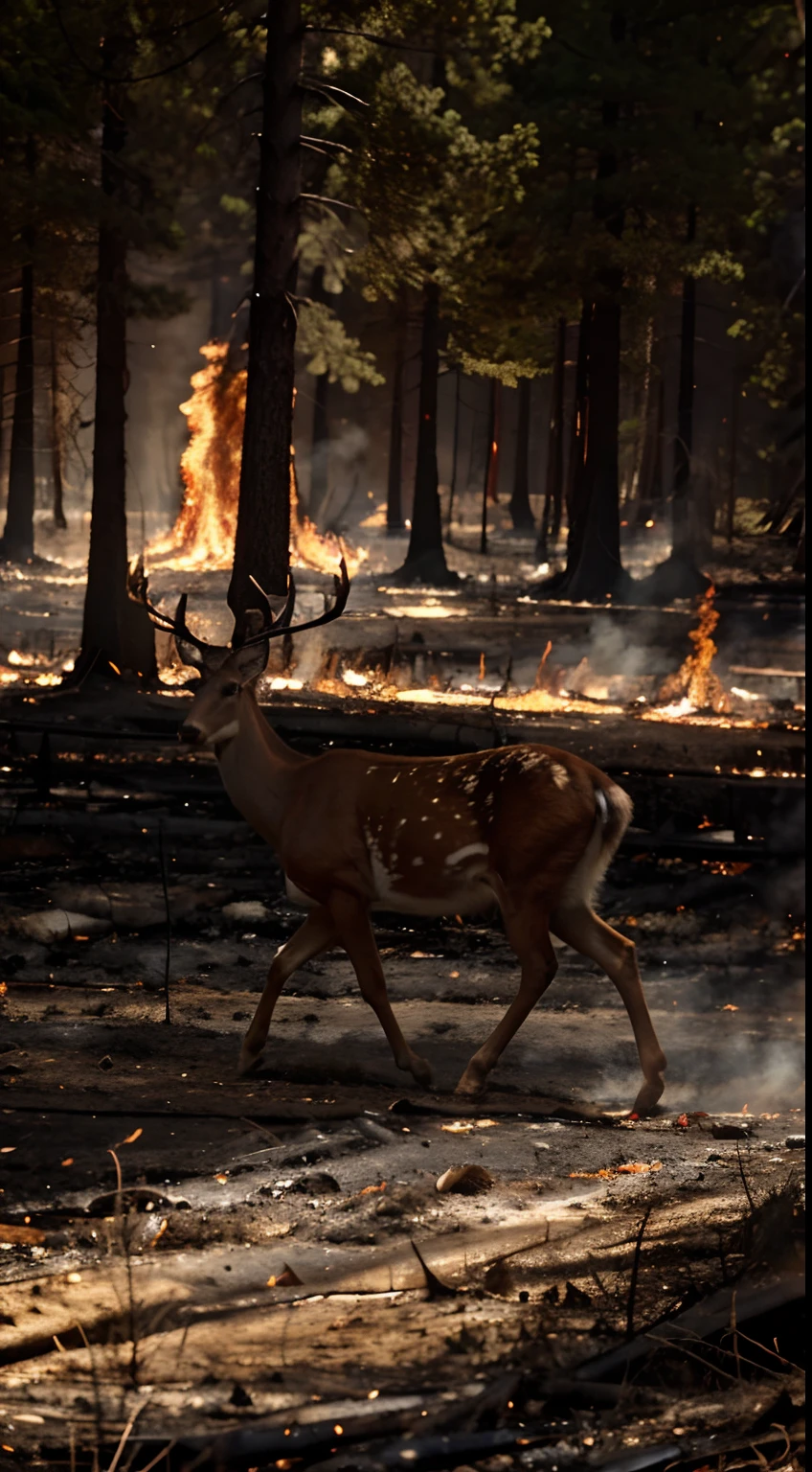 Forest fire, Forest fires, forest animals running away from the burning forest, there are deer burning in the fire, all kinds of animals look panicked, all animals run away from the burning forest
