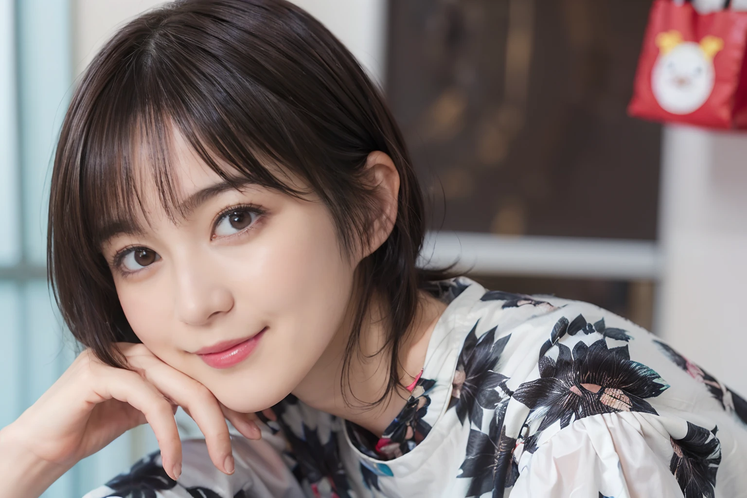59
(a 20 yo woman,is standing), (A hyper-realistic), (masutepiece), ((A dark-haired、short-hair:1.3)), (Breast), kindly smile, (Clothing printed with animal characters)