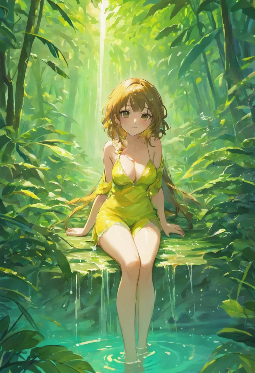 (best quality,4k,8k,highres,masterpiece:1.2),ultra-detailed,(realistic,photorealistic,photo-realistic:1.37),nature,wild,exotic,woman,golden bathtub,rainforest,beautiful detailed brown hair,beautiful detailed brown eyes,half naked,green surroundings,refreshing rain,soft droplets,steam rising from the bathtub,lush vegetation,tropical plants,emerald leaves glistening in the sunlight,vibrant colors,sunlight filtering through the dense canopy,tall majestic trees,serene atmosphere,peaceful ambiance,tranquil rainforest sounds,her radiant beauty enhanced by the natural setting,mesmerizing sight,water droplets clinging to her skin,teasing smile,graceful movements,sensual presence,evokes a sense of freedom and wildness,a moment of pure bliss,breathtaking photograph,stunning contrast between the golden bathtub and the lush green environment,harmony between human and nature harmoniously coexisting,celebration of natural beauty,rejuvenation and purification through the power of rain,unique and awe-inspiring artwork,immersive experience transporting the viewer to a hidden paradise.