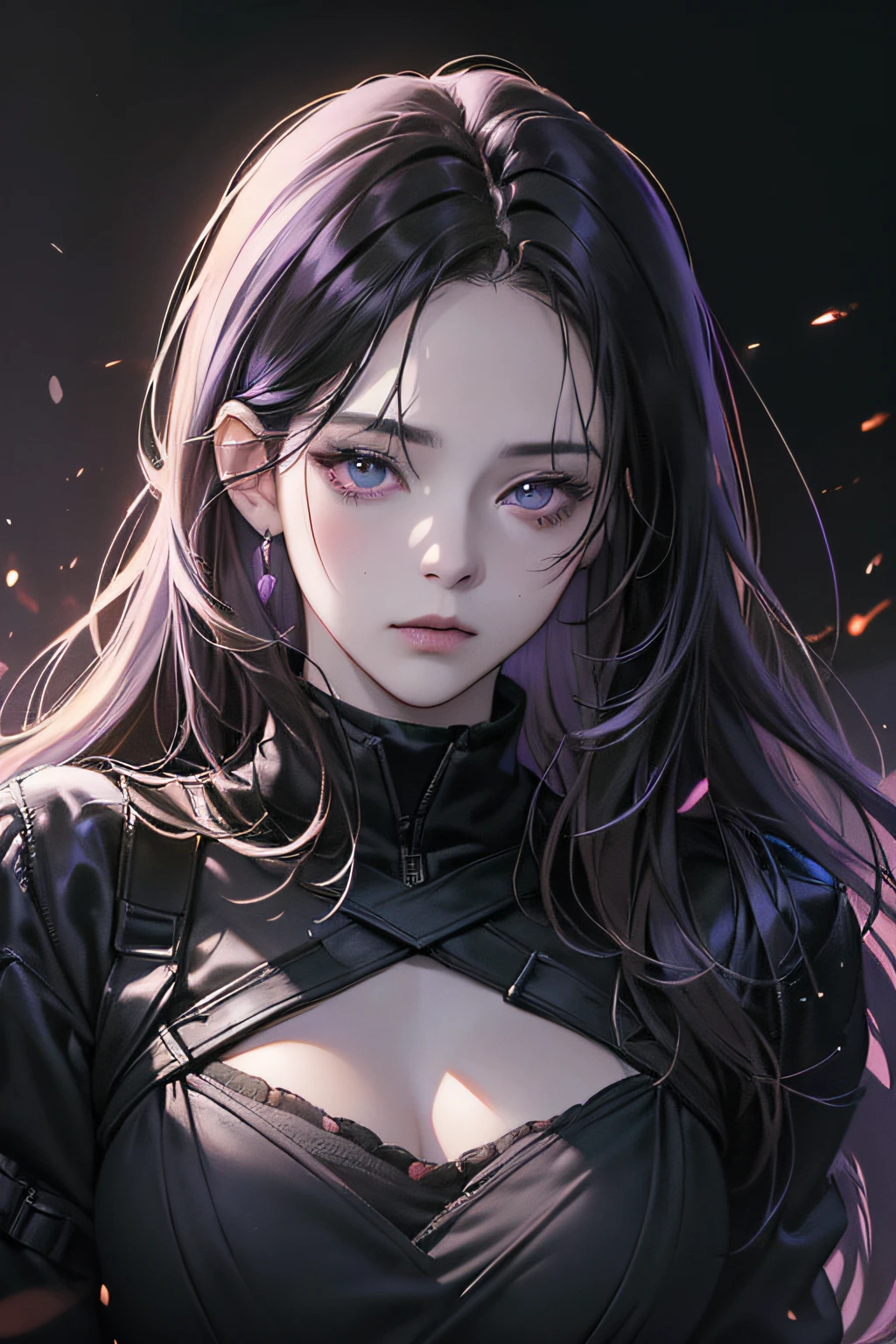 (best quality, (masterpiece), (8k, realistic, digital illustration detailed digital art, 1:5 HDR, dark lighting), dark, chaotic environment, perfect face, manhwa art, anime style, one woman, 25 years old, hair black, lilac eyes (without expression), pale skin, covered in blood, black tactical clothing