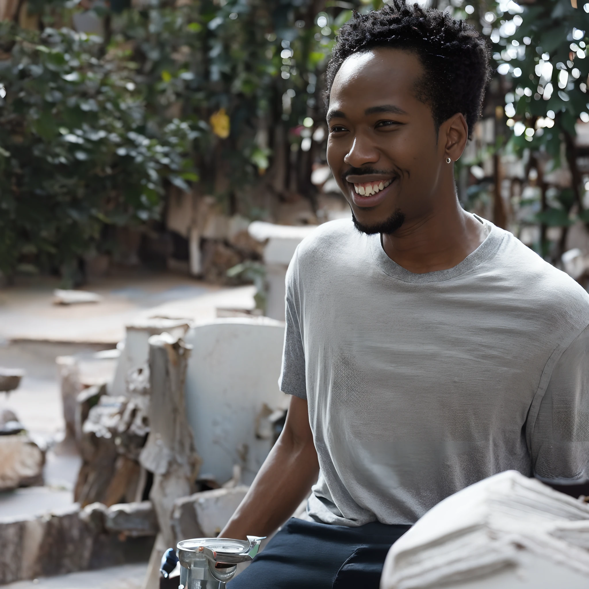 paparazzi portrait of a Young man, (1 man), alone, black t-shirt, smiles looking at viewer. Outdoors in an off-end city road. Bright environment, (((Sharpen))), A realistic, {{{masterpiece}}}, {{{Best Quality}}}, {{Ultra-detailed}}, {{extremely delicate and beautiful}}, Extremely detailed, ((Natural complexion)), photorealistic. (high detailed skin:1.2), 8k UHD, DSLR, soft lighting, high quality, film grain, Fujifilm XT3