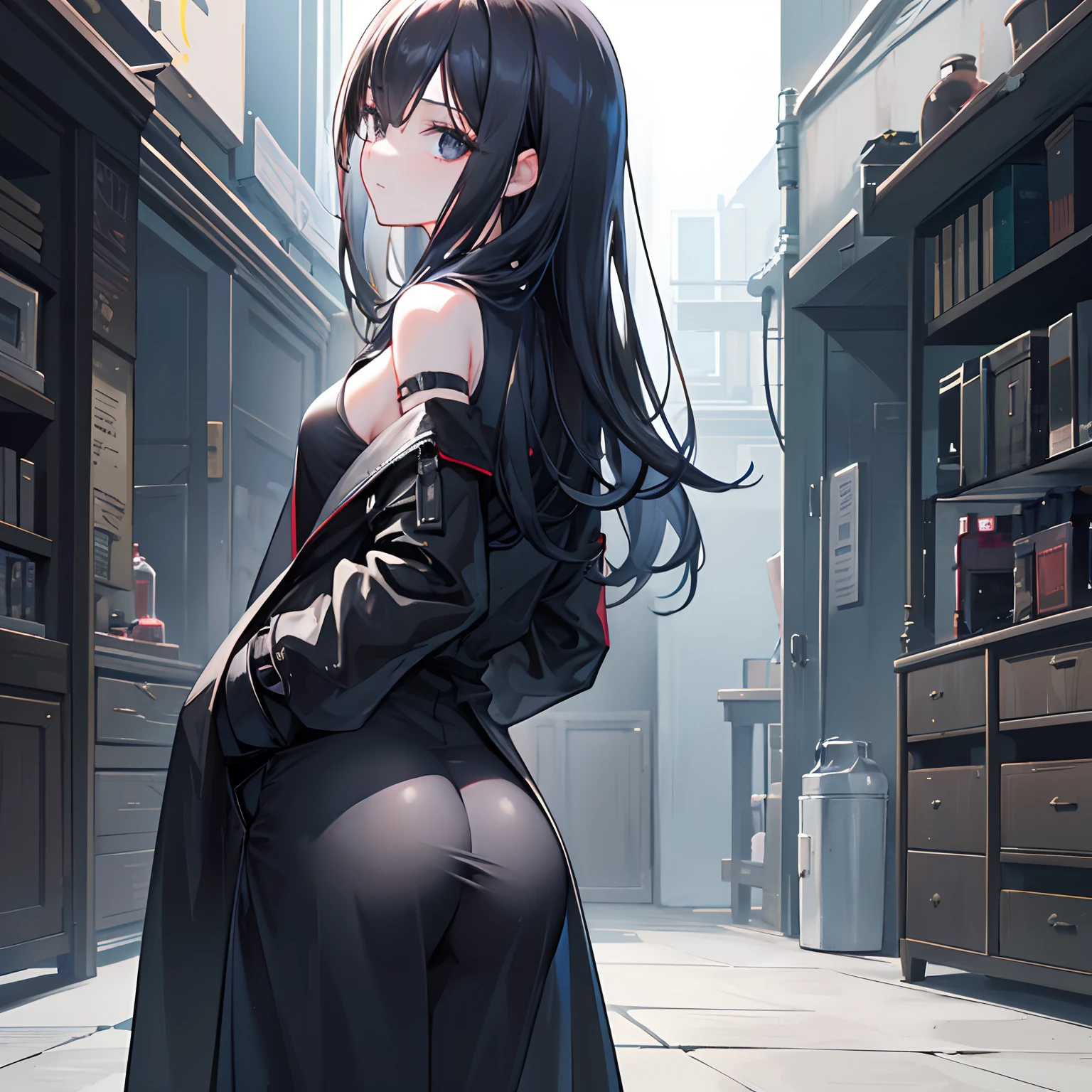 1girll,sexy ass,Back shadow,A black robe,Alchemy Laboratory,the mystery of unknown territories,Put your hands in your pockets,Black hair,Shoulder-length hair,Black eyes,Game scene graph