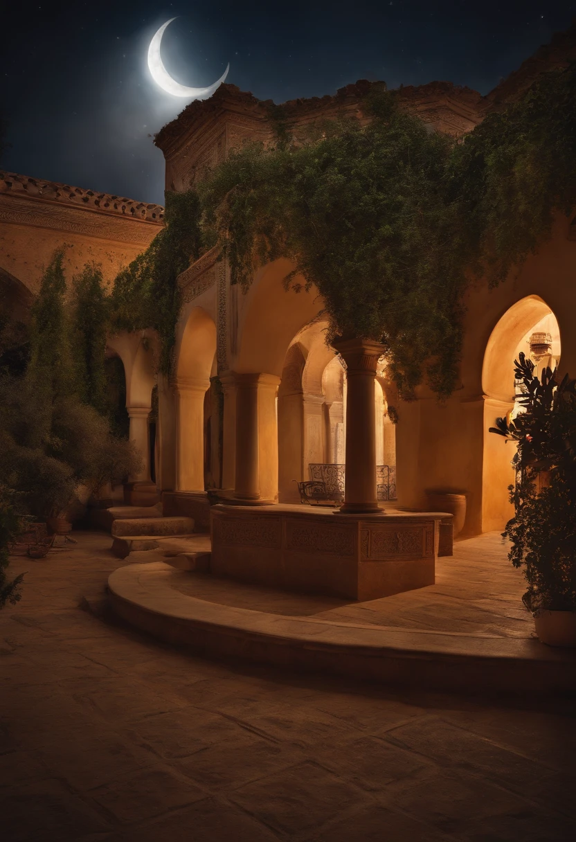 (SINISTER:1.1) Crescent moon, Landscape of Andalusia, (intricate detials), (Ultra Detailed), HDR 8K, higly detailed, a lot of details, hiquality,Dingdall effect (colored:1.3)