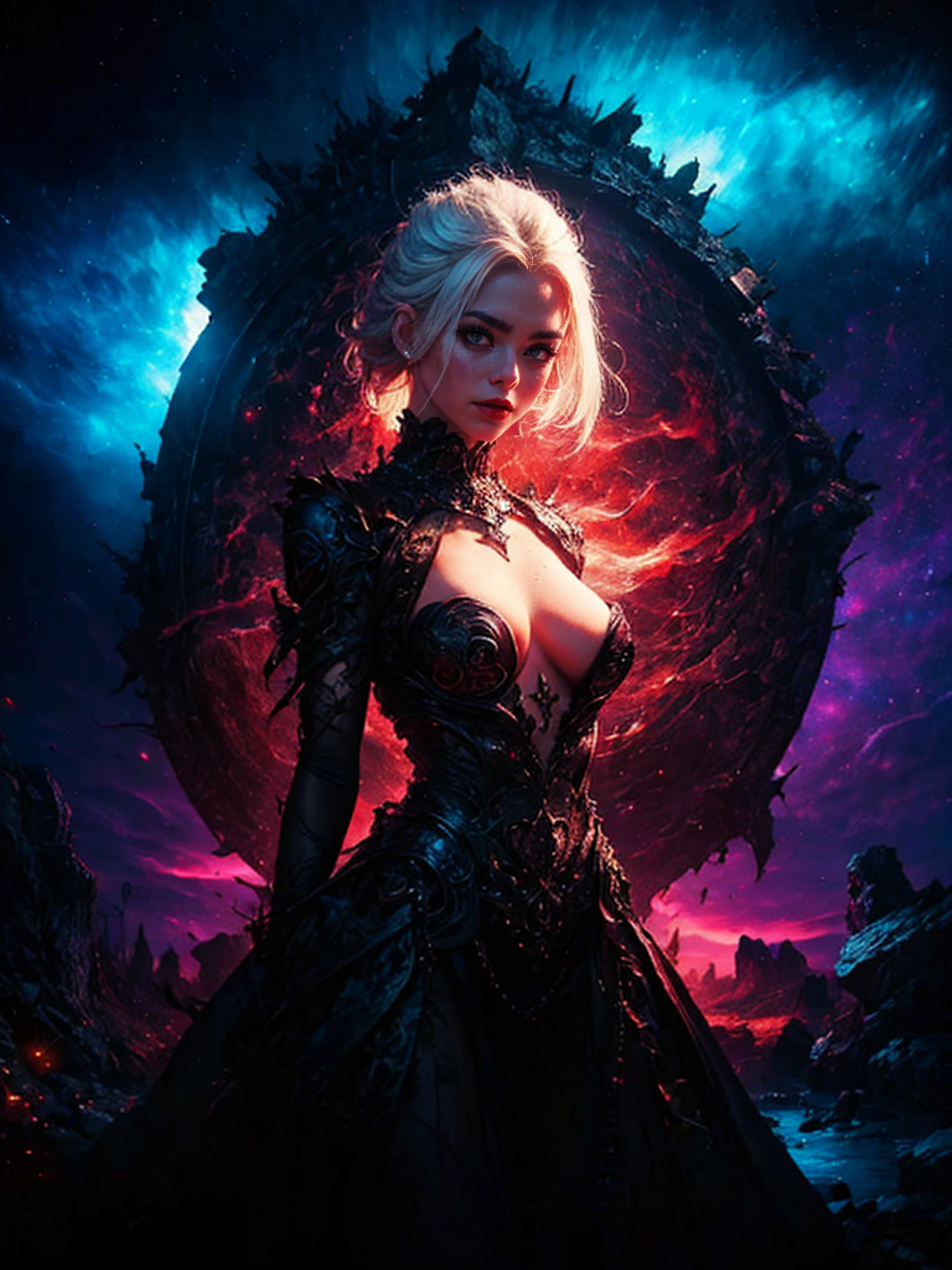 extreme dark forest in background, colorful. sinister, Aurora, mythical and magical, erotic pose, pore white hair, small tits, big eyes, body covered with tattoo, red lips, erotic, dark light, black dress ,glowing