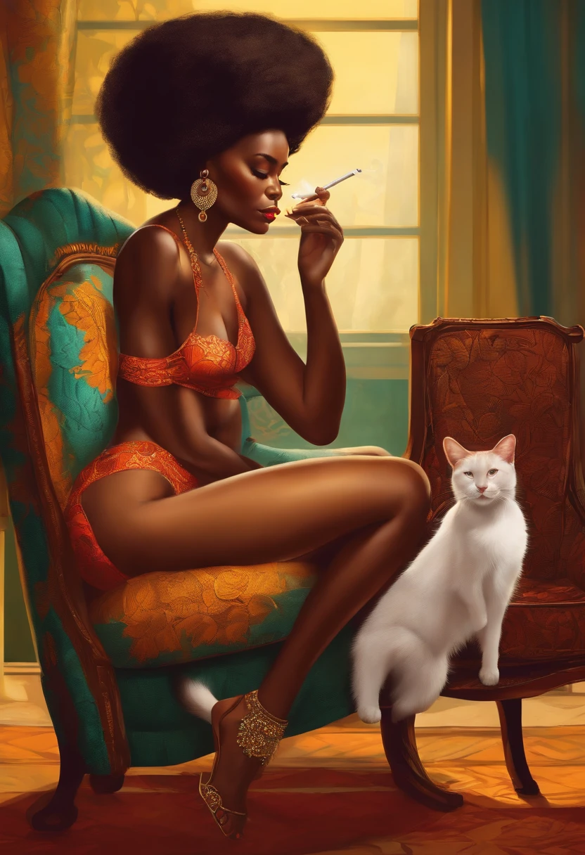 An African woman smoking a cigarette sitting on a chair in her underwear with a cat on her legs