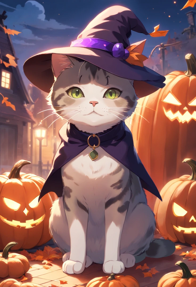 An English shorthair cat wearing a witch's hat, It has a short tail, pumpkins, Halloween, the bats