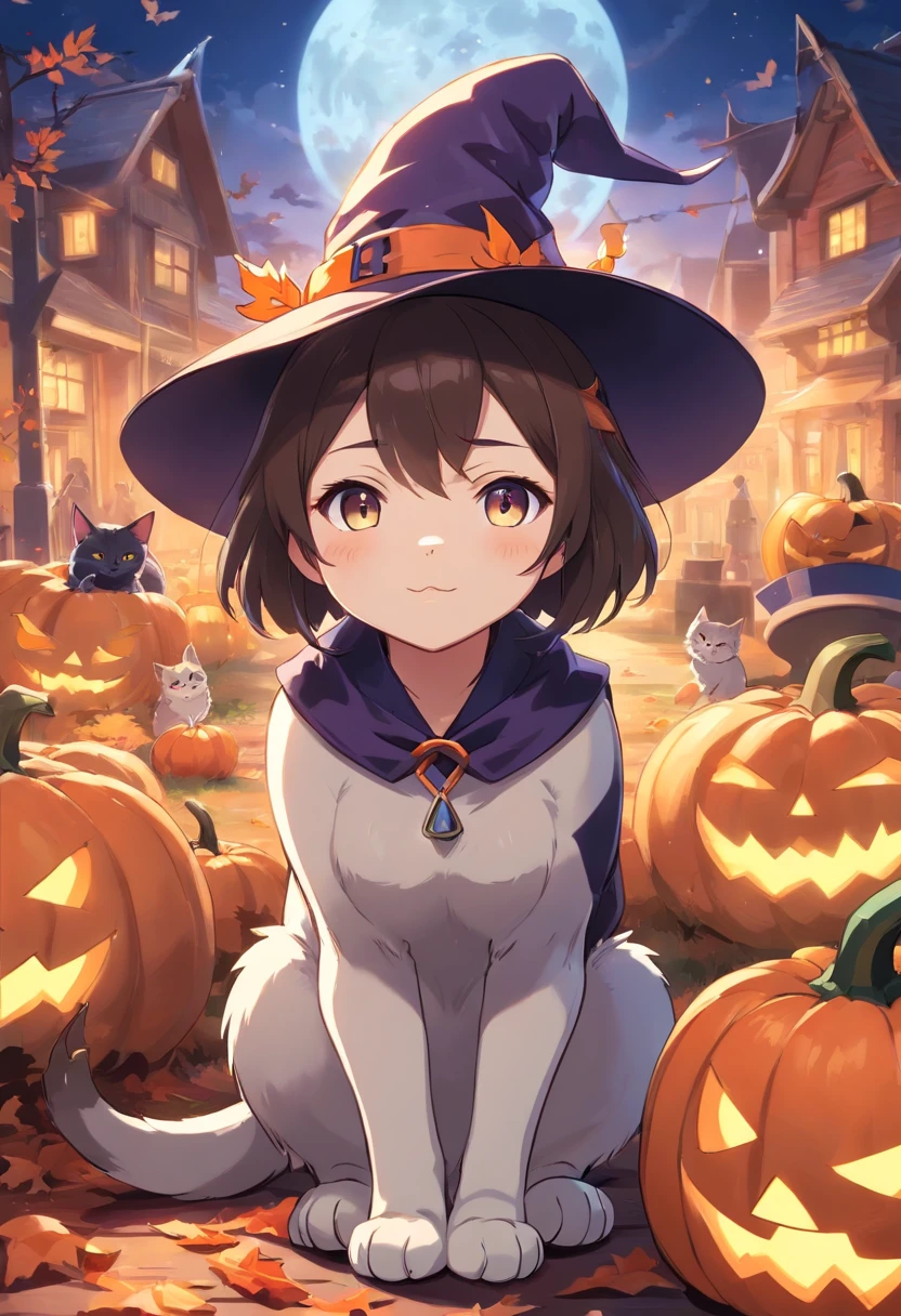 An English shorthair cat wearing a witch's hat, It has a short tail, pumpkins, Halloween, the bats