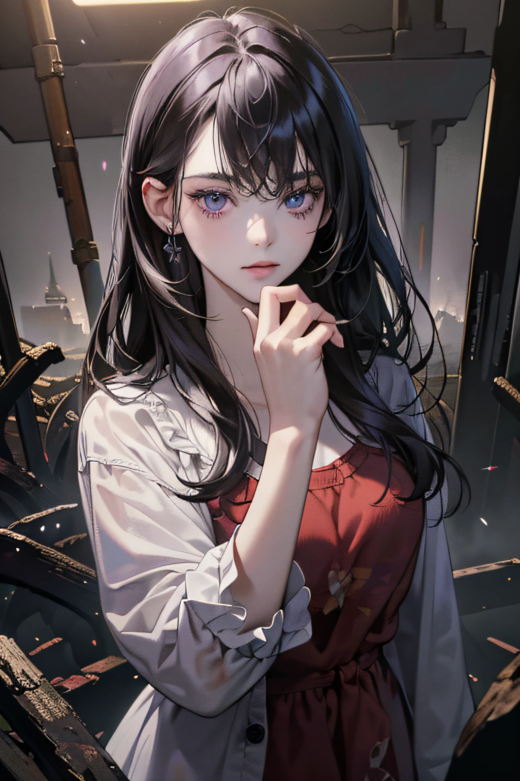 {(best quality, masterpiece, high quality, 8k, clear image, beautiful image, detailed HDR, dark lighting, dark environment, chaotic, top-down camera angle)}, {(detailed face, detailed hands)} 1 girl with black hair, lilac eyes, pale skin, covered in blood, casual clothes, destroyed scenery, monsters in the background