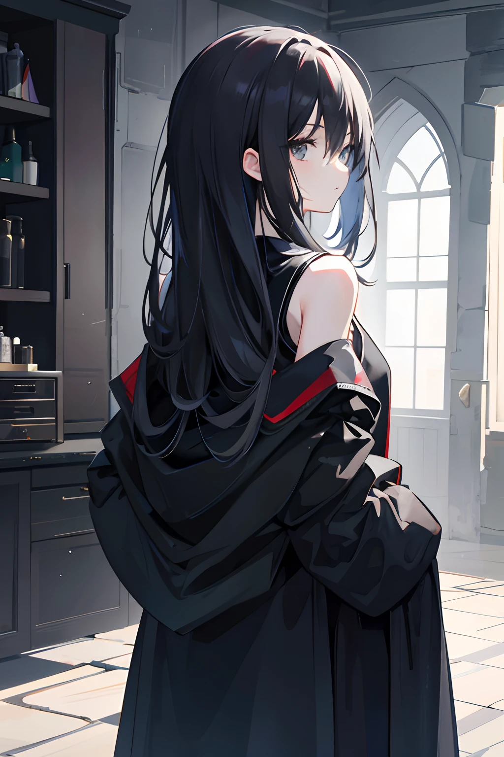 1girll，Back shadow，A black robe，Alchemy Laboratory，the mystery of unknown territories，Put your hands in your pockets，Black hair，Shoulder-length hair，Black eyes，Game scene graph