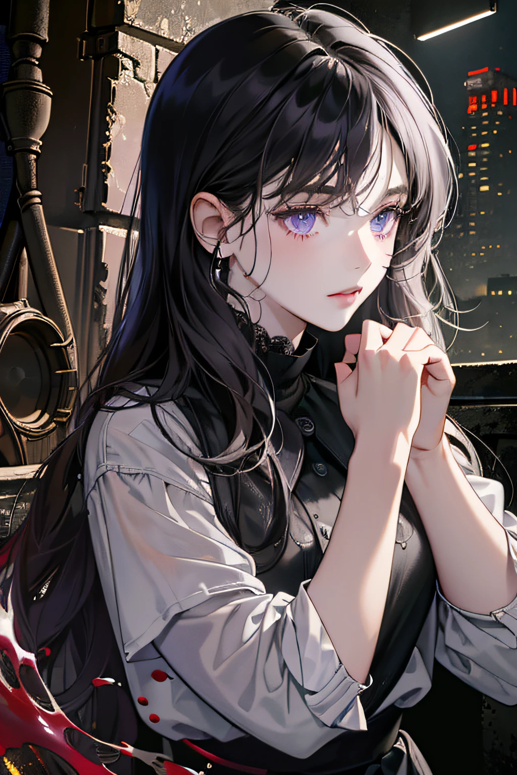 {(best quality, masterpiece, high quality, 8k, clear image, beautiful image, detailed HDR, dark lighting, dark environment, chaotic)}, {(detailed face, detailed hands)} 1 girl with black hair, lilac eyes, pale skin, covered in blood, casual clothes, destroying scenery, monsters in the background
