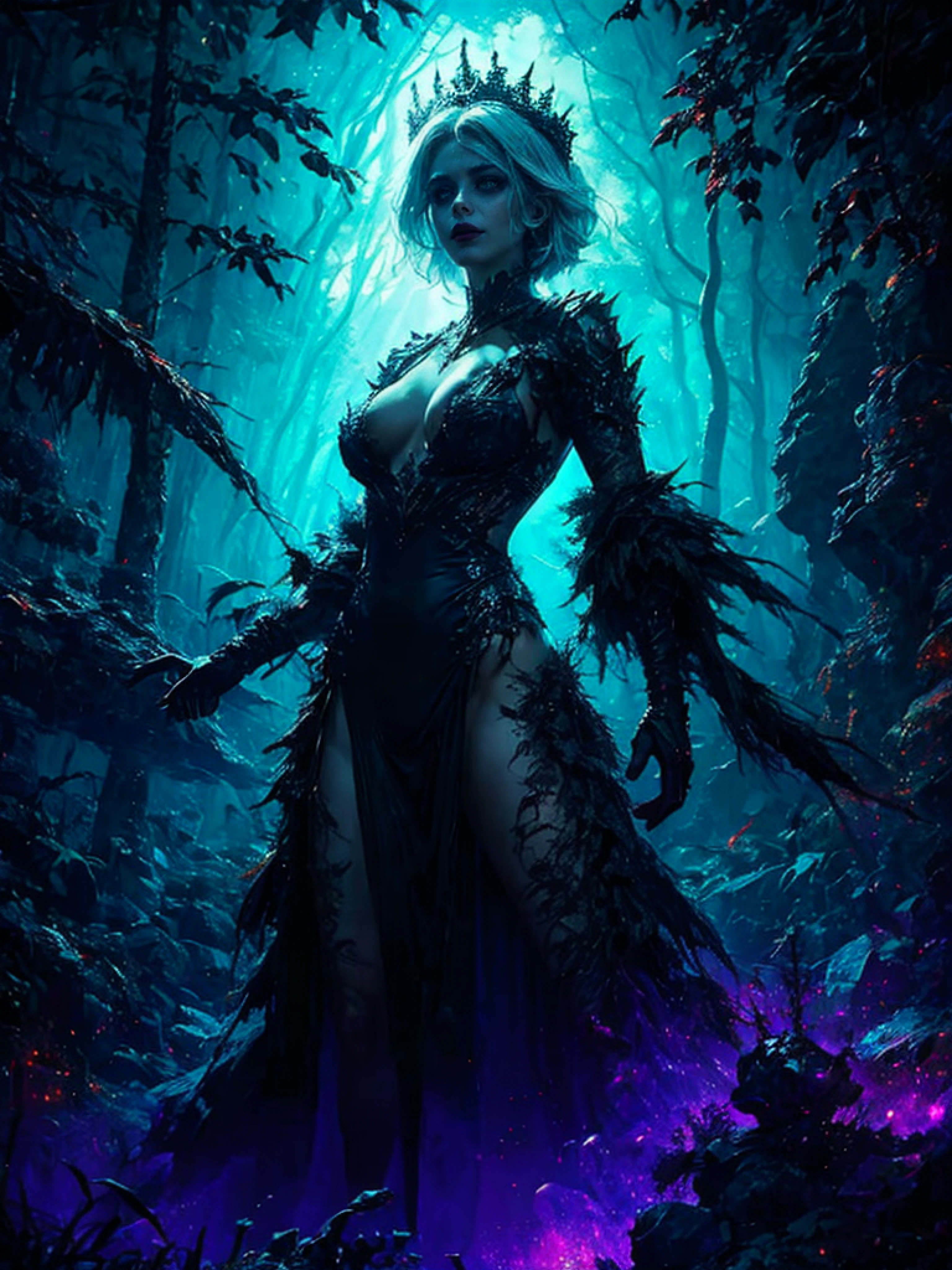 extreme dark forest in background, colorful. sinister, Aurora, mythical and magical, erotic pose, pore white hair, small tits, big eyes, body covered with tattoo, red lips, erotic, dark light, black dress