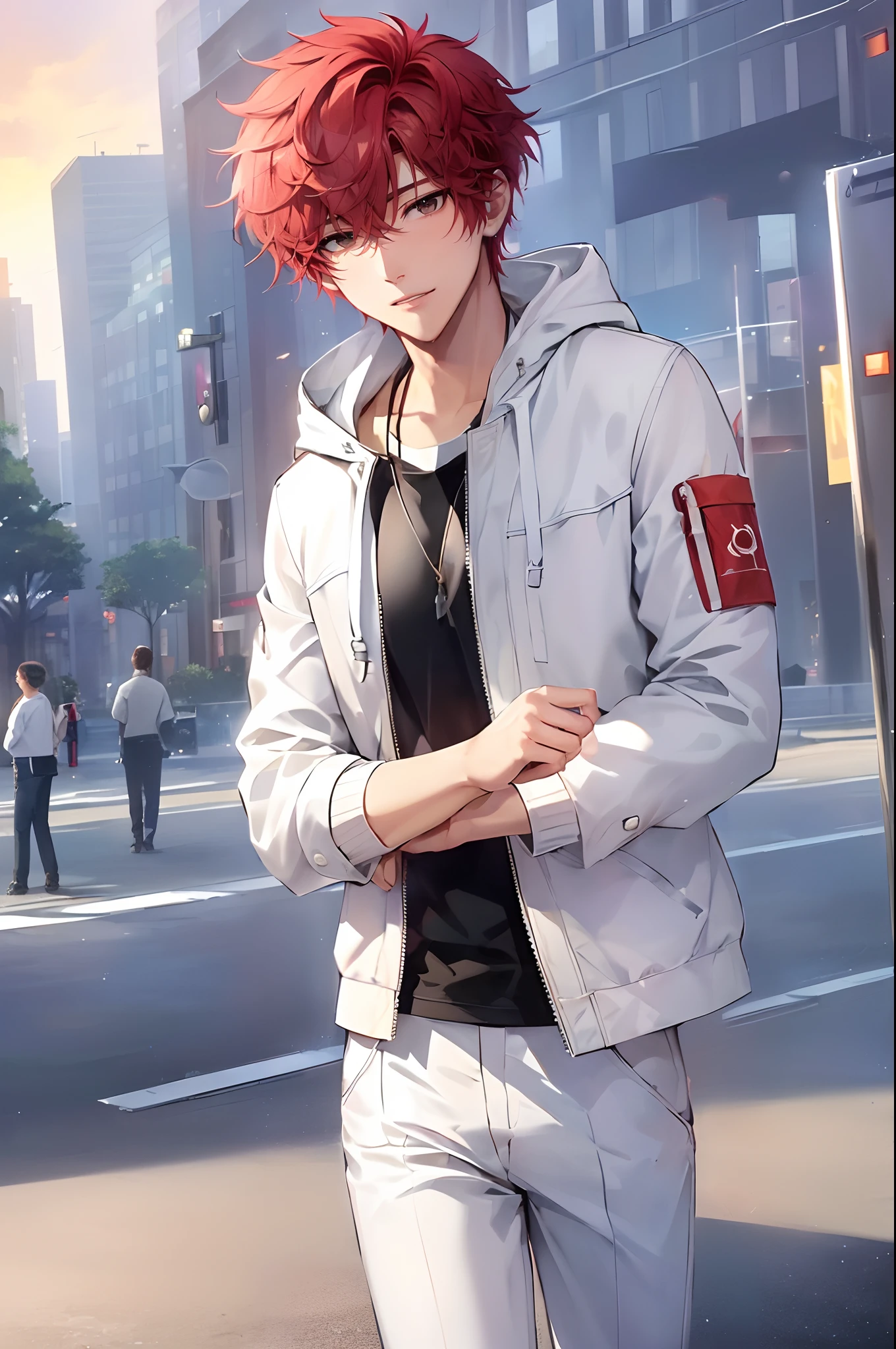 (4K works))、masterpiece、(top-quality)、((Evening city))、((In front of the main gate of the workplace))、((In front of the main gate of the building))、View of the sunset、Korean Male、Adult male、((Adult male 26 years old))、((Face similar to Hyun Jin))、Cool Men、tall、((Gentle smile))、((Strong eyes))、((Wearing a black T-shirt and a white hooded jacket、Wearing long white pants))、((smaller face))、Slim body、((hooligan))、((rather short hair of bright red color,))、((rather short hairstyle above the ears,))、((Fairly short two-bromash hair))、((Black eyes))、((shot from front))、((Shot alone))、((Solo Photography))、((He came to pick me up))、((He stands in front of the main gate of the building))