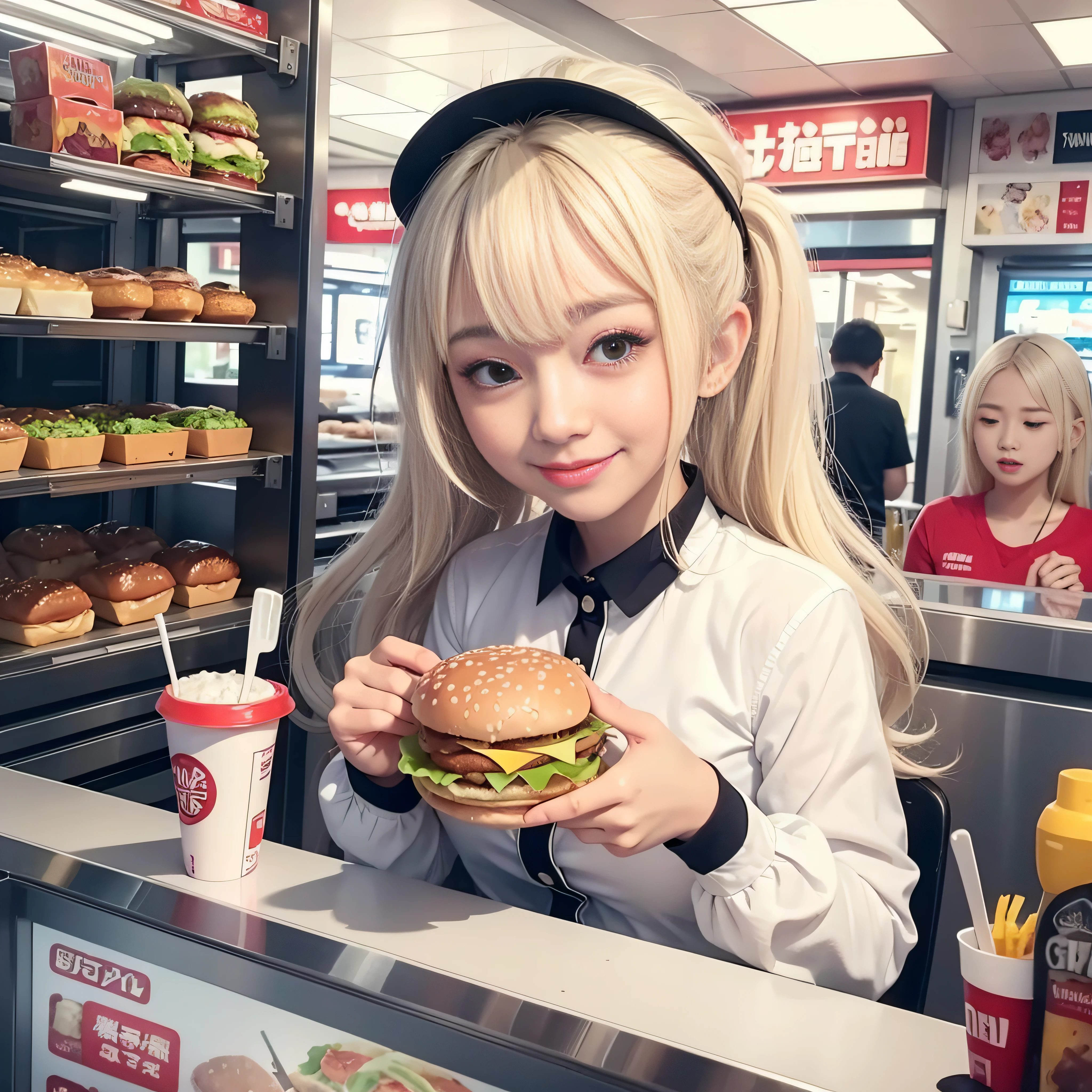 RAW image quality、8K分辨率、Ultra-detailed CG footage、1 beauty，Watery Big Eyes，Happy smile，long eyelasher，falda corta，Blushlush，Platinum Blonde Perm Hair,in fast food shop,With my mouth wide open、Gnawing on a grabbed hamburger with both hands,Sauce splattered on the face、Focus on the face