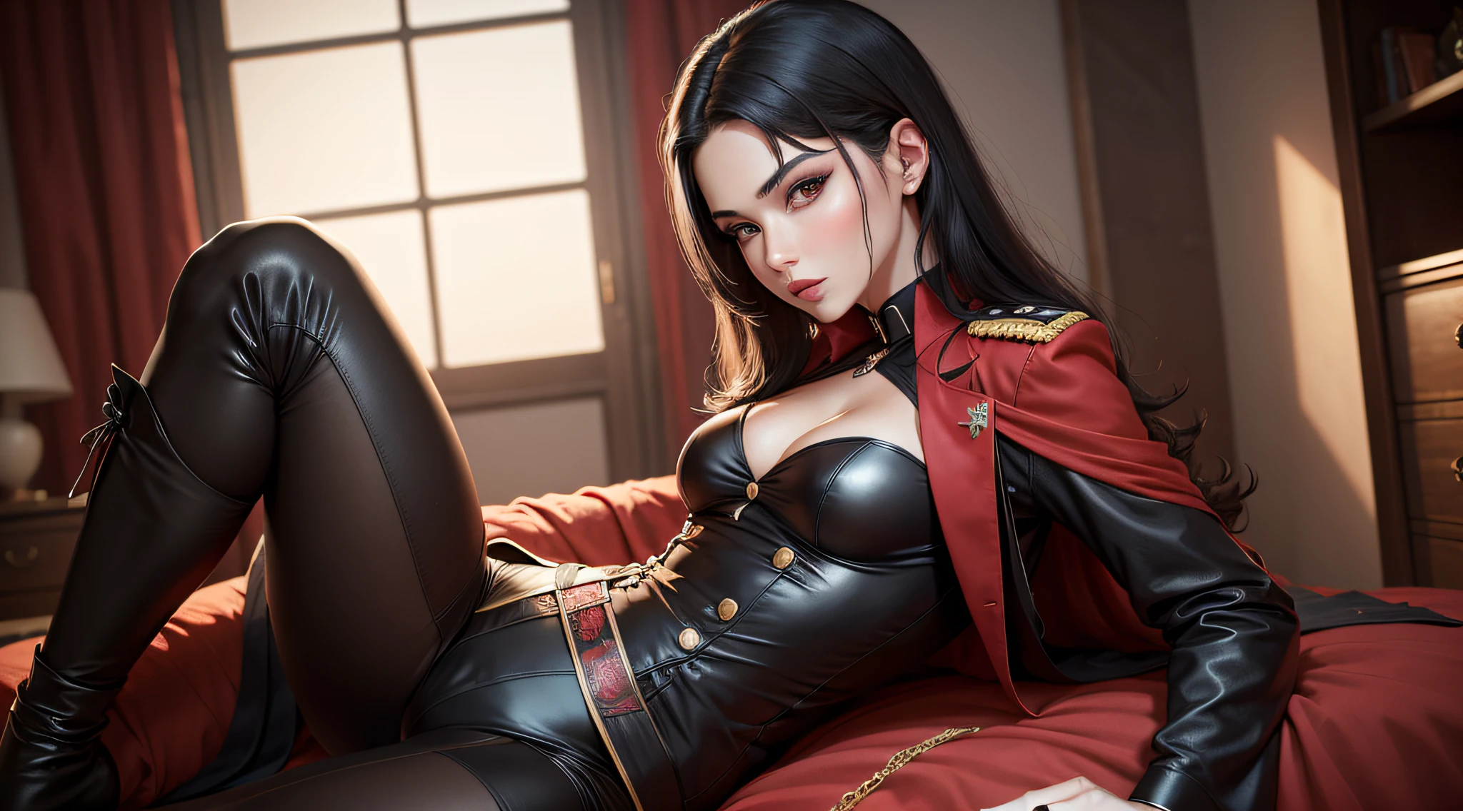 woman，Handsome， ink，Black hair，Delicate eyes，Black and red vintage open-chest military uniform，spread their legs