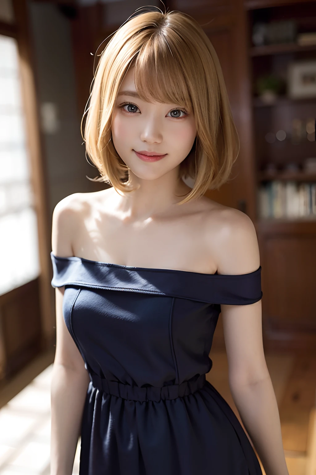 (8k、RAW Photography、top-quality、​masterpiece:1.2)、(realisitic、Photorealsitic:1.37)、ultra-detailliert、超A high resolution、女の子1人、see the beholder、beautifull detailed face、a smile、Constriction、(slim waist) :1.3)、Off-the-shoulder dresses、Beautiful detailed skin、Skin texture、Blonde Short Bob、floated hair、profetional lighting、
