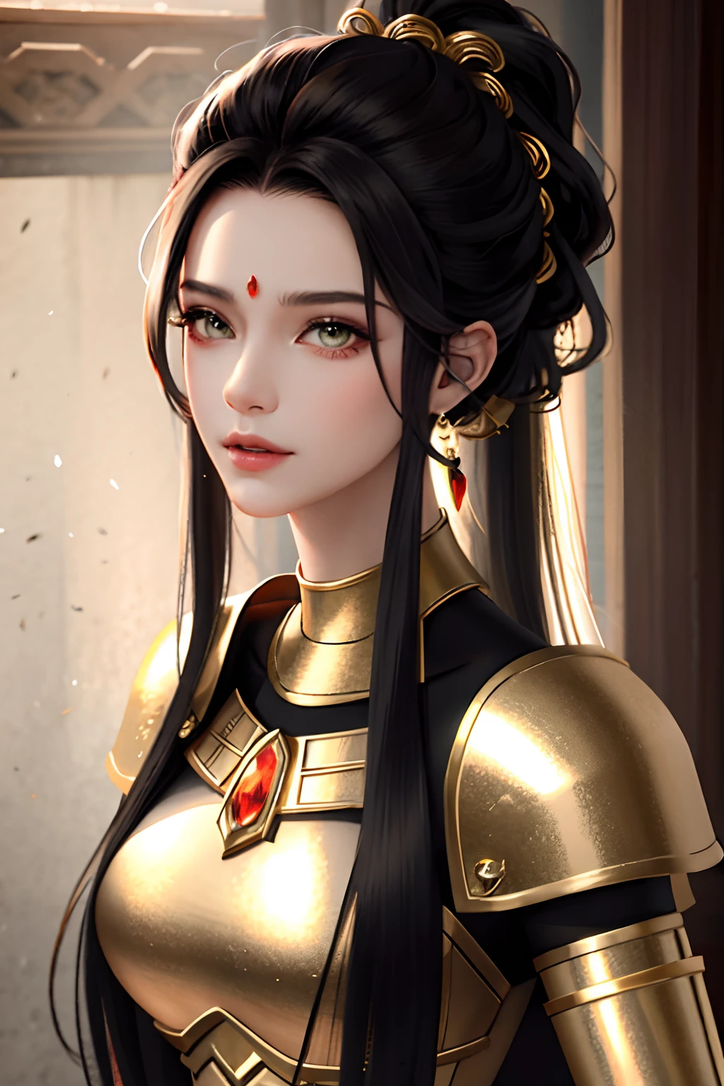 masterpiece, best quality, high quality, High definition, High quality texture, High quality shadow, high detail, Cinematic Light, sidelighting, Ray tracing, sharp focus, avatar the last airbender,(battlefield),(gunsmoke),1 girl, mature woman, chinese style, ancient china, sister, imperial sister, smile, black hair, high ponytail,side bangs, coiled hair, hairpin, light pink lips, calm, intellectual, amber eyes, tassels, gold thread, beads, red and gold armor, shroud silk dress, fine face, facial close-up,Beautiful face,photorealistic, rim lighting, two tone lighting,(high detailed skin:1.2), 8k uhd, dslr, soft lighting, high quality, high resolution,