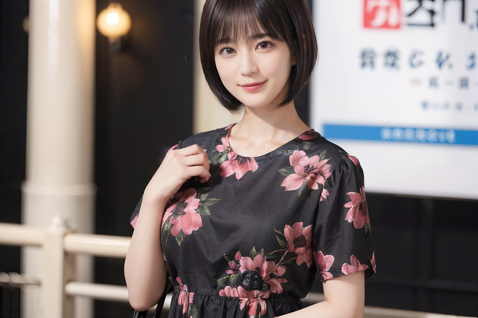 59
(a 20 yo woman,is standing), (A hyper-realistic), (masutepiece), ((A dark-haired、short-hair:1.3)), (Breast), kindly smile, (Clothing printed with animal characters)
