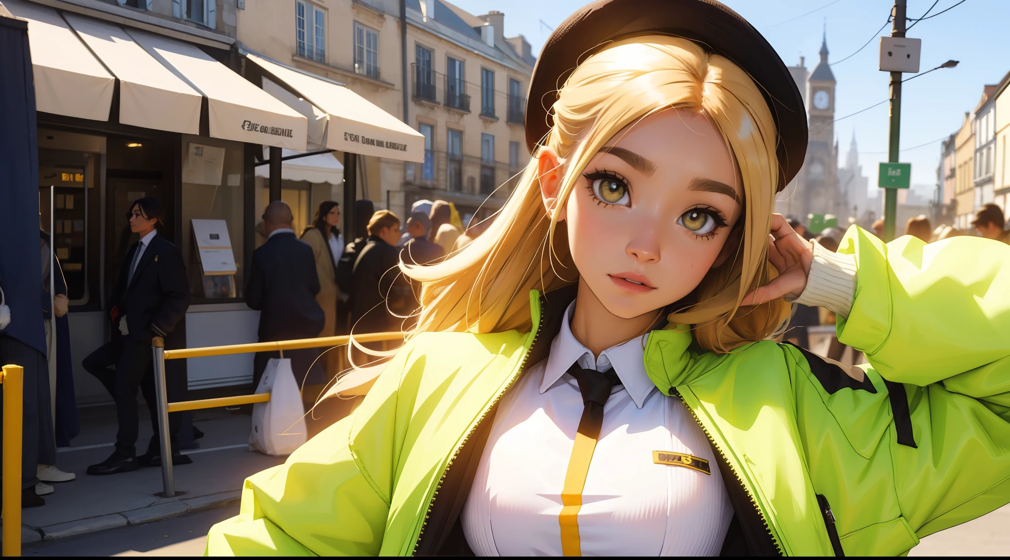 Cosplay cornes de bouque, Goat eyes, rectangular and yellow pupil 🐐, outdoor, Douleur moyenne_gros seins, Dynamic background,Female, Cheveux courts, yeux jaunes, cardigan jaune, Chemises blanches, pantalon 👖, Uniforme scolaire, Une belle fille avec, UHD Portrait, (High quality) (ultra details) Regarder le spectateur en tenue de ville de style hip-hop; different, colourfull, very long hair