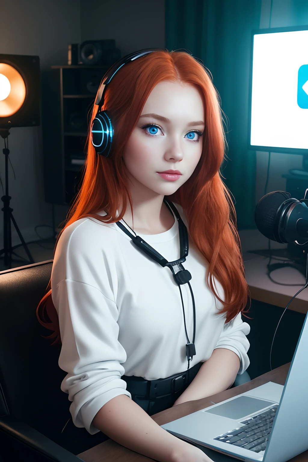 three-quarter portrait, Sitting at a desk with a laptop and a studio microphone, A young woman, Russian redhead, cute face, blue eyes, natural skin textures, in living room, Cinematic, Cosy, studio light, Neon, ciberpunk, Instagram Reels, blog, blogger, YouTube, streamer, Podcast, f/11