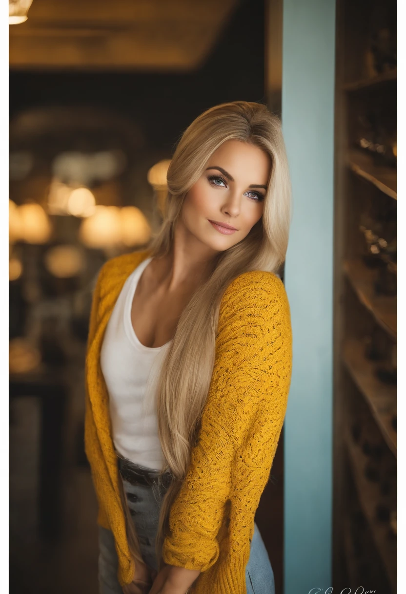 Blonde woman with long hair posing in a bright yellow sweater, com longos cabelos loiros, cabelos amarelos longos, com cabelos loiros muito longos, cabelos loiros extremamente longos e grossos, imagem frontal, medium yellow blond hair, cabelos amarelos claros, com cabelo loiro longo, longos cabelos loiros lisos, cabelos verdes longos, cabelos amarelos, longos cabelos loiros e olhos grandes, longos cabelos loiros, sorrindo, with cosmetics shelf in the background