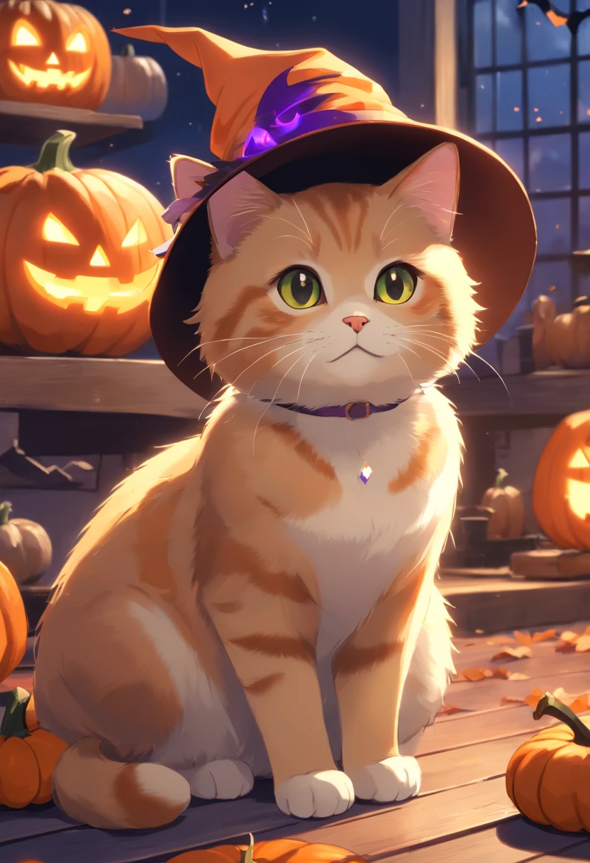 A short-tailed British Shorthair cat wearing a witch hat, pumpkin, Halloween, bats, (best quality, 4k, highres, masterpiece:1.2), ultra-detailed, realistic:1.37, vibrant colors, studio lighting, bokeh, illustration, spooky atmosphere