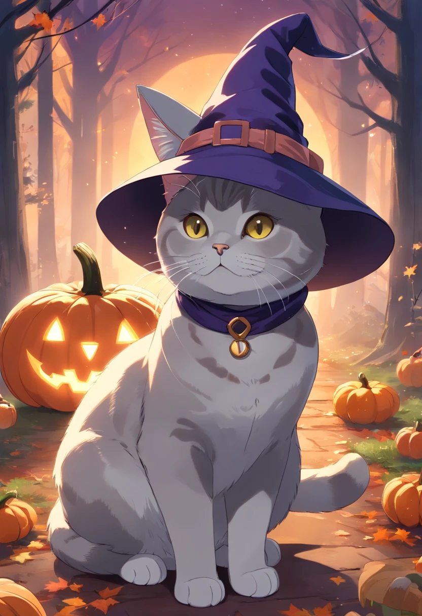 (A British Shorthair cat wearing a witch hat, a short tail, pumpkin, Halloween, bats), (best quality, 4k, high-res, masterpiece:1.2), detailed fur, piercing eyes, whimsical background, dark color scheme, spooky lighting, mystical atmosphere, magical vibe, enchanted forest, moonlit night, misty haze, hauntingly beautiful.