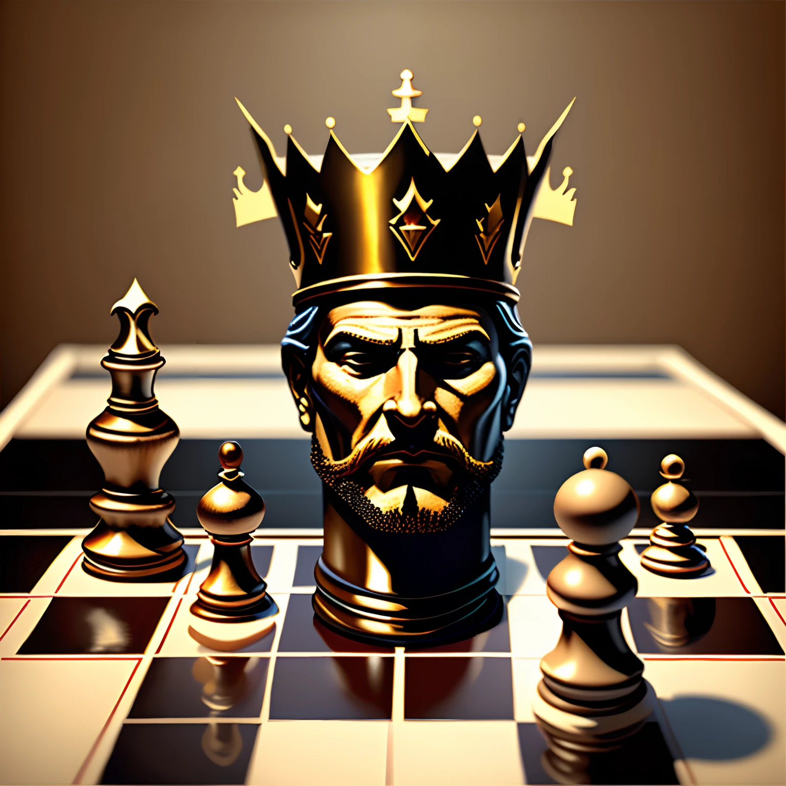 Create an oil painting in realistic style depicting a chessboard. On the board, there's a king chess piece with a human face and a crown. Around the king, there are three pawn chess pieces, each with human faces displaying expressions of fear. The entire scene should be painted in a style that mimics the realism of an oil painting