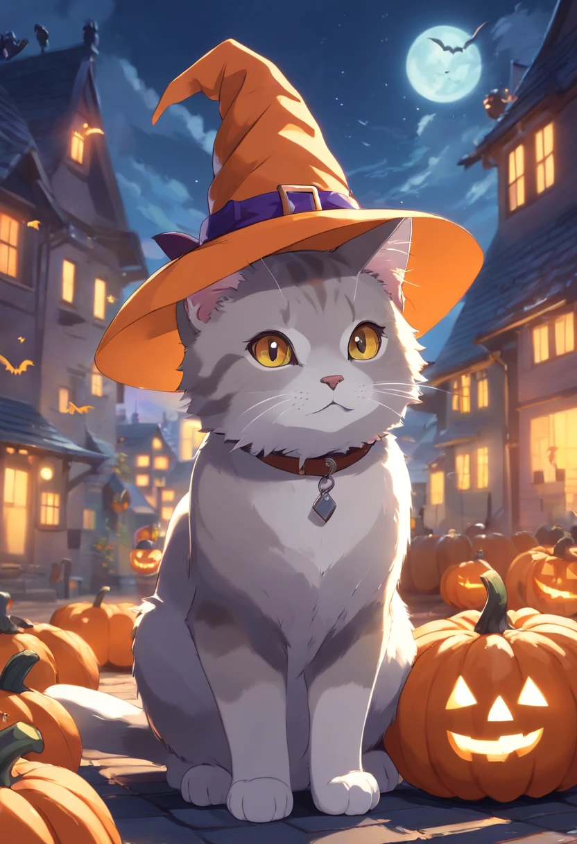 (a cat:1.1, wearing a witch hat:1.1), (British Shorthair:1.1), (short-tailed:0.9), (pumpkin:1.2), (Halloween:1.1), (bats:1.1)