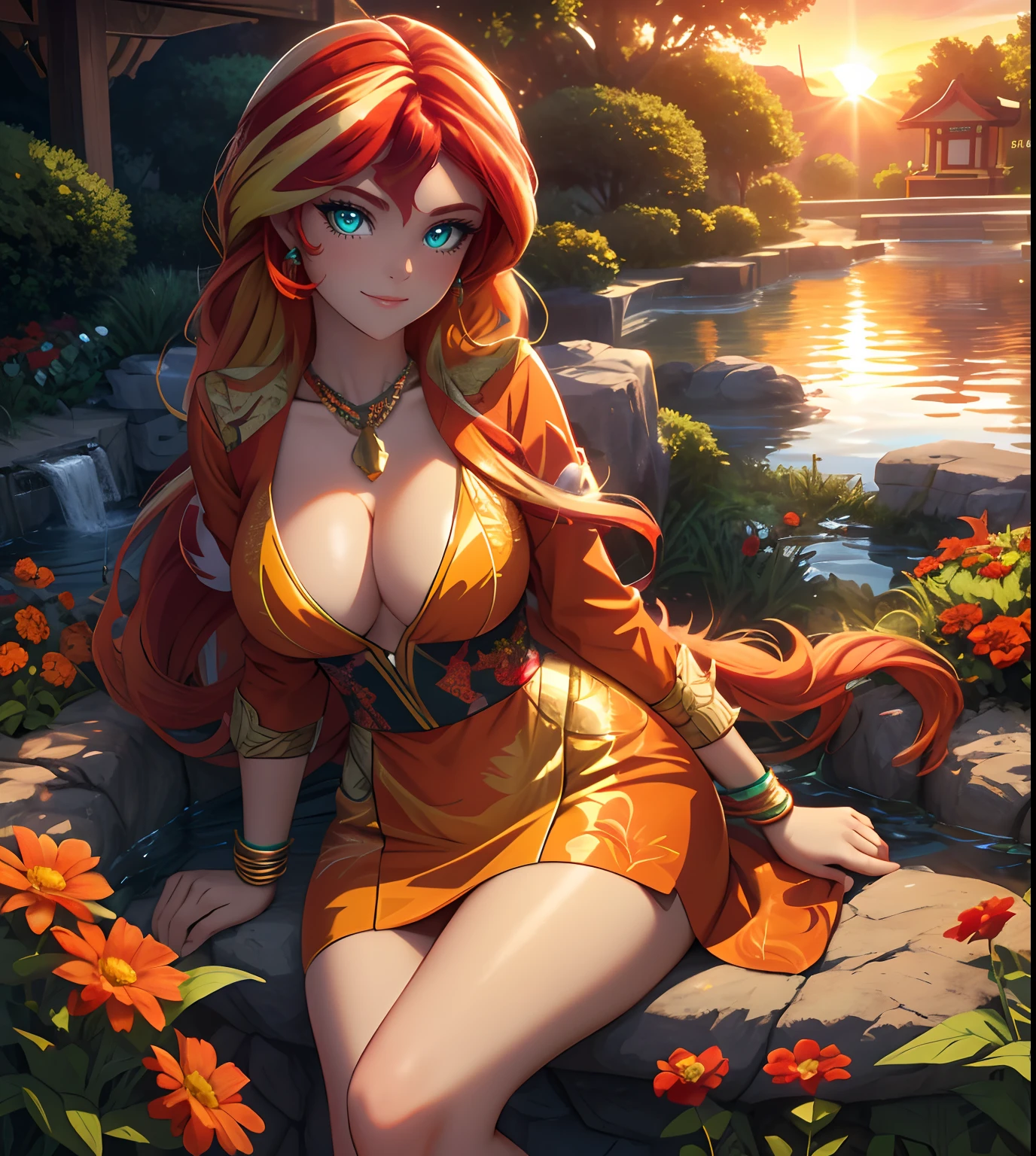 Sunsethuman, Sunset Shimmer, Sunset Shimmer from my little pony, Sunset Shimmer in the form of a girl, big breasts, lush breasts, voluminous breasts, firm breast, detailed hands, two tones of hair, red and yellow hair,sitting in a garden, red and orange flowers, solo, one character, red and orange dress, long sleeves,thin, no muscles, normal body, turquoise eyes, gentle smile, sunset, beautiful detailed garden