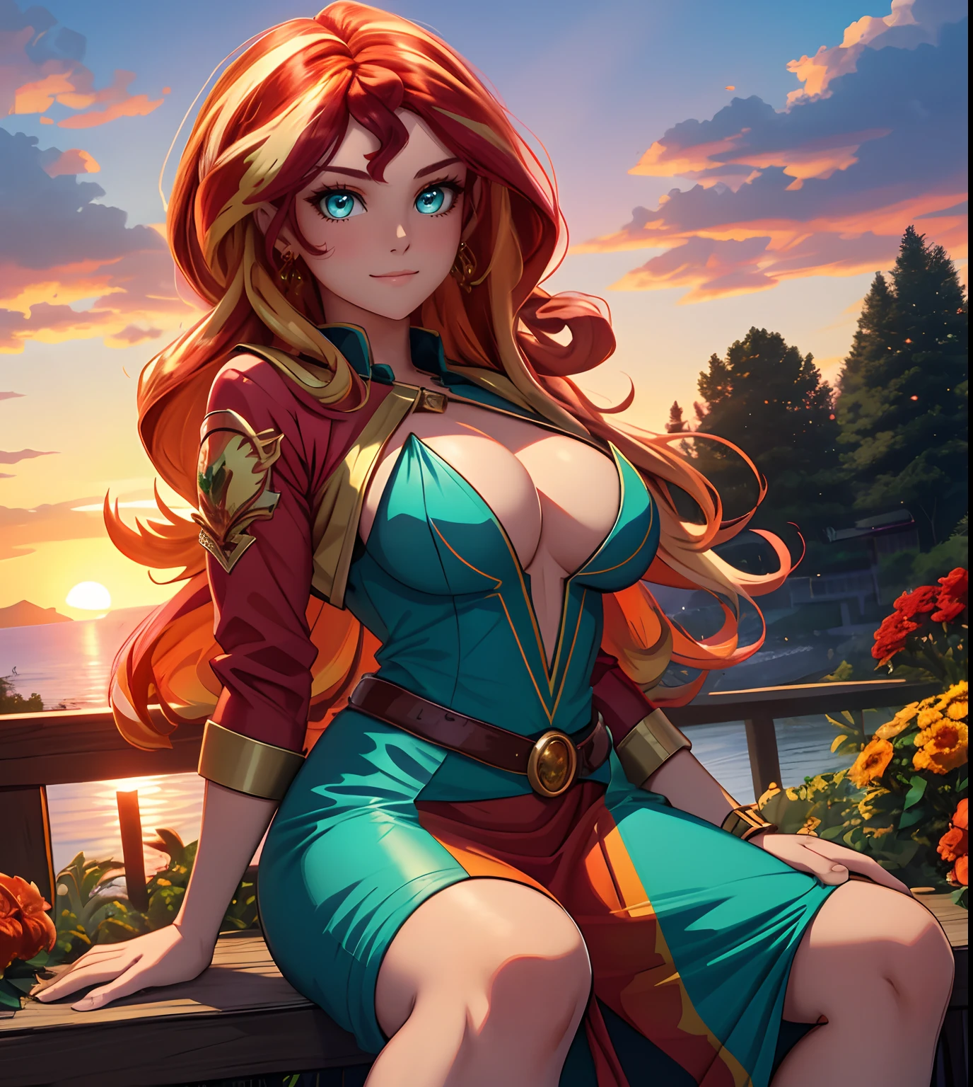 Sunsethuman, Sunset Shimmer, Sunset Shimmer from my little pony, Sunset Shimmer in the form of a girl, big breasts, lush breasts, voluminous breasts, firm breast, detailed hands, two tones of hair, red and yellow hair,sitting in a garden, red and orange flowers, solo, one character, red and orange dress, long sleeves,thin, no muscles, normal body, turquoise eyes, gentle smile, sunset, beautiful detailed garden