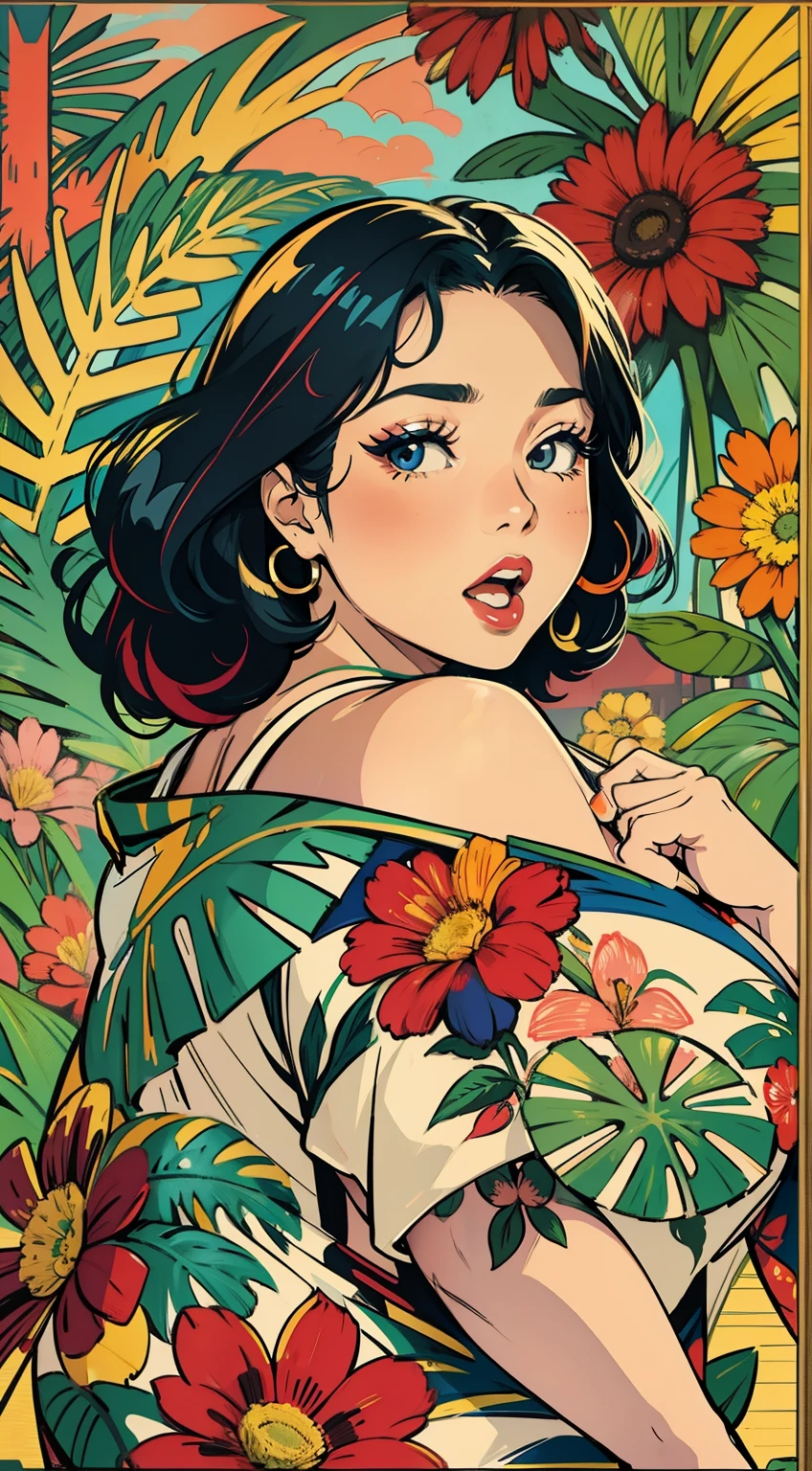 Criar arte digital no estilo Pop Art, With a vibrant and confident fat young Asian woman,moda de rua, esquema de cores do filme, Rodeado por motivos de flores vintage, Pinceladas vibrantes,Emotions Should Be Dynamic, parte superior do corpo, desenho, illustration, escala cinza, tropical, muitas flores,