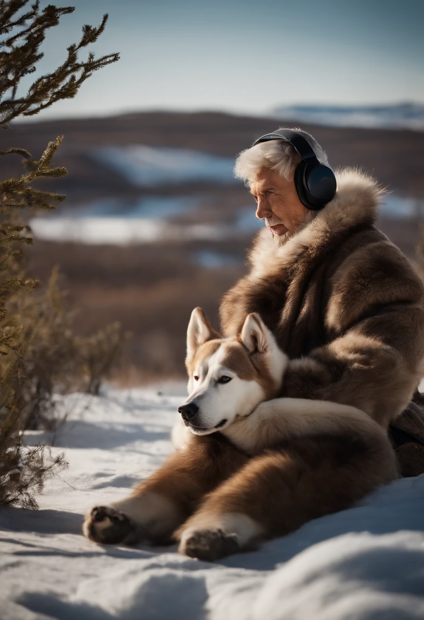beste-Qualit, 4k, 8K, ah high, Master Part:1.2), overdetalization, Realistic, Spring steppe tundra without mountains, Sunny, An old Yakut in national clothes rides a dog sled, On the head is an audio headphone, happily listening to music, looking at the viewer.