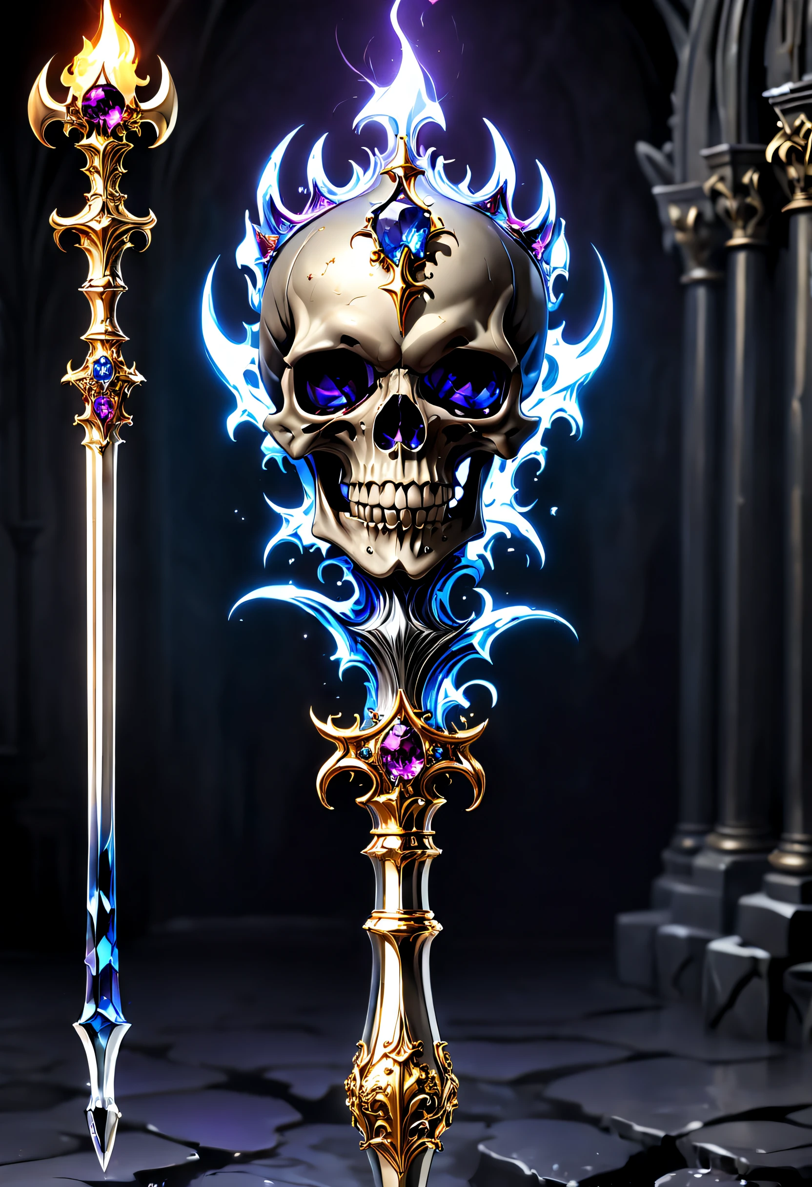 (8K, 16k, Award-winning, Highest quality, Highest resolution, Super detail, High detail, Anatomically correct, Masterpiece, Stunning beauty), Legendary scepter,The scepter has a skull at the top，Scepter made of crystal and white gold，delicate craftsmanship , Rare and precious, Intricate details,Golden flame,Purple magic,blue lightning,Magical ice world background，(gothic art style:1.5)