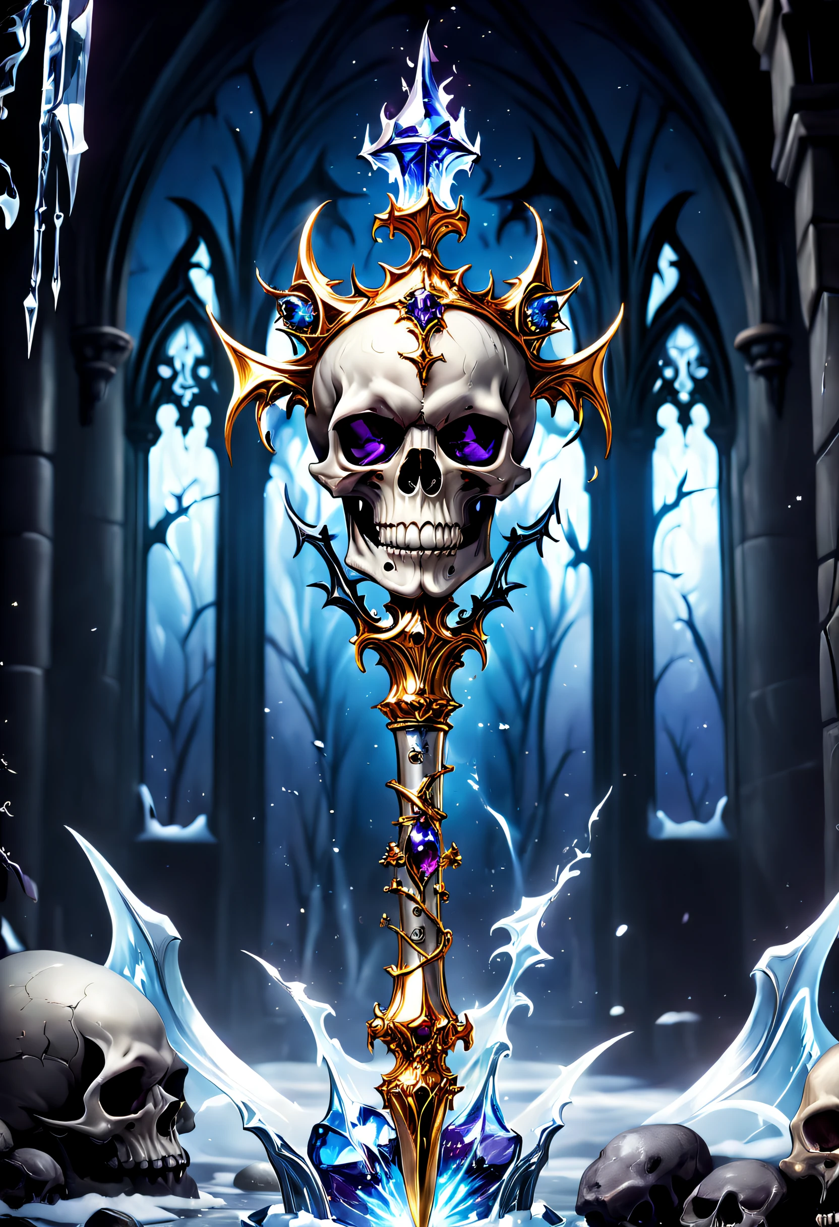(8K, 16k, Award-winning, Highest quality, Highest resolution, Super detail, High detail, Anatomically correct, Masterpiece, Stunning beauty), Legendary scepter,The scepter has a skull at the top,Scepter made of crystal and white gold,delicate craftsmanship , Skeleton Scepter, Rare and precious, Intricate details,Golden flame,Purple magic,blue lightning,Magical ice world background,(gothic art style:1.5)