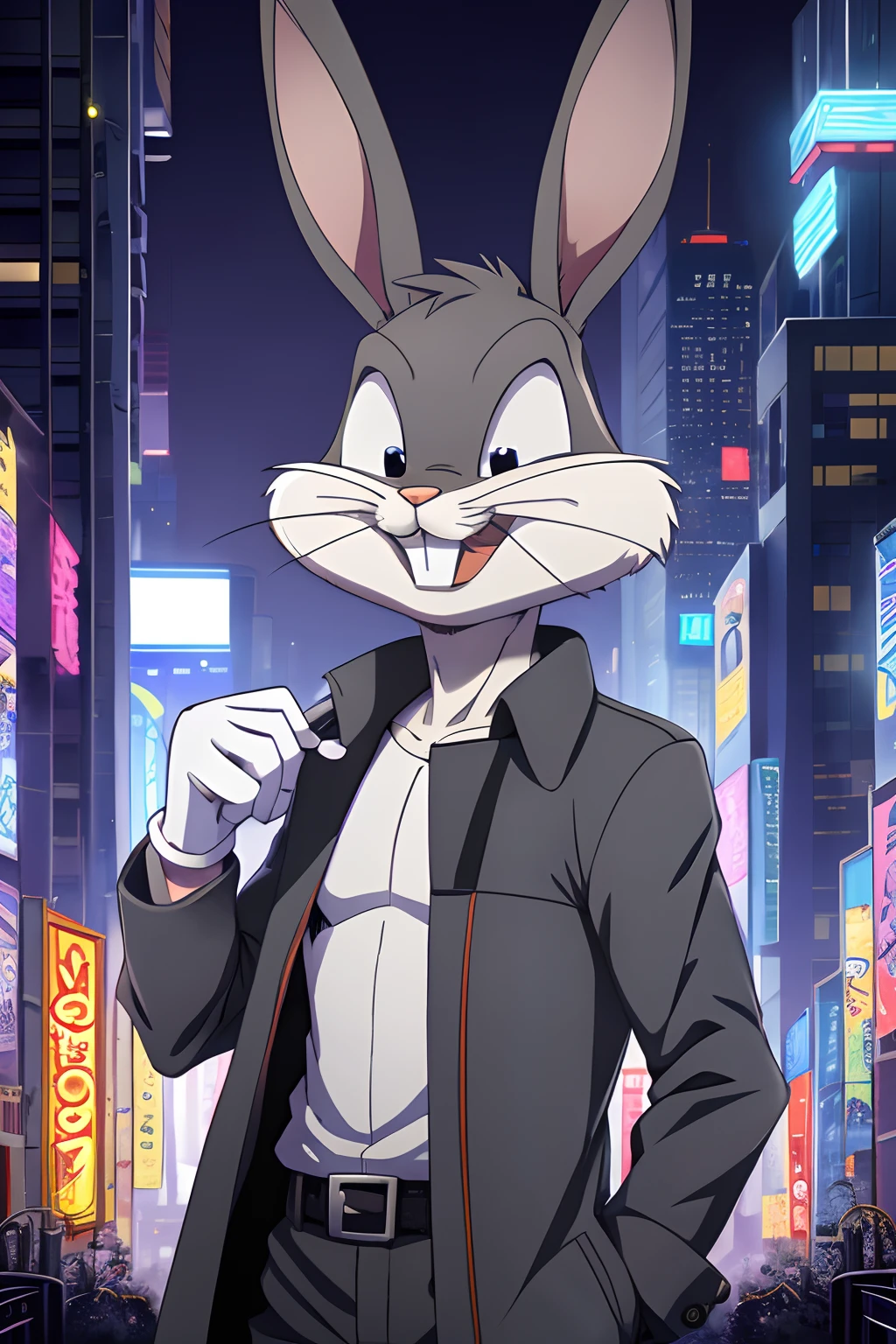 gloves, male, solo, bugs bunny, rabbit, buckteeth, city,night, long ears, grey body, grey fur, white fur,furry,anime style, anime screencap, 2010s_\(style\), grin, forest, upper body, trench coat, futuristic city