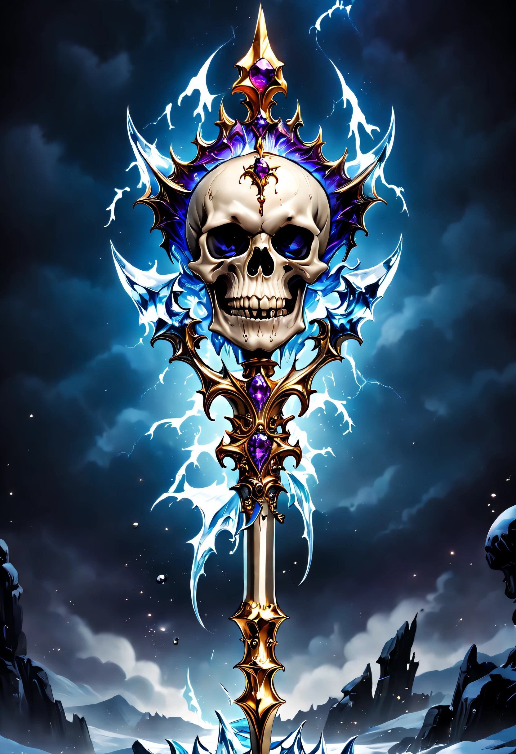 (8K, 16k, Award-winning, Highest quality, Highest resolution, Super detail, High detail, Anatomically correct, Masterpiece, Stunning beauty), Legendary scepter,The scepter has a skull at the top,Scepter made of crystal and white gold,delicate craftsmanship , Skeleton Scepter, Rare and precious, Intricate details,Golden flame,Purple magic,blue lightning,Magical ice world background,(gothic art style:1.5)