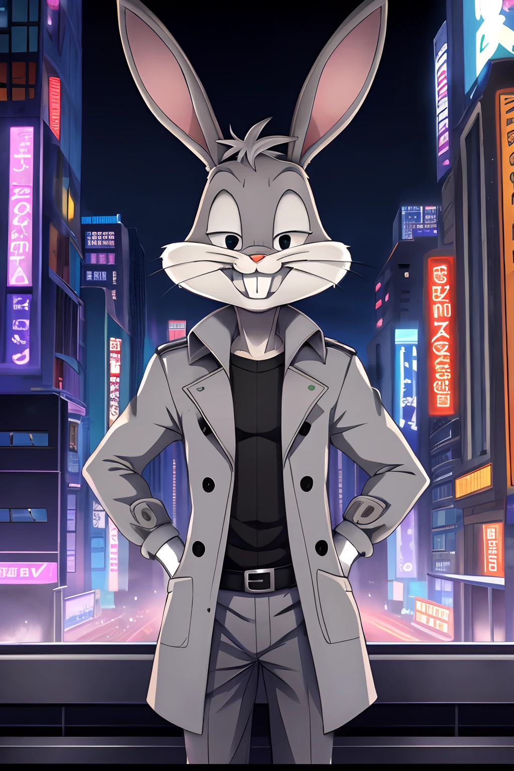 gloves, male, solo, bugs bunny, rabbit, buckteeth, city,night, long ears, grey body, grey fur, white fur,furry,anime style, anime screencap, 2010s_\(style\), grin, forest, upper body, trench coat, futuristic city