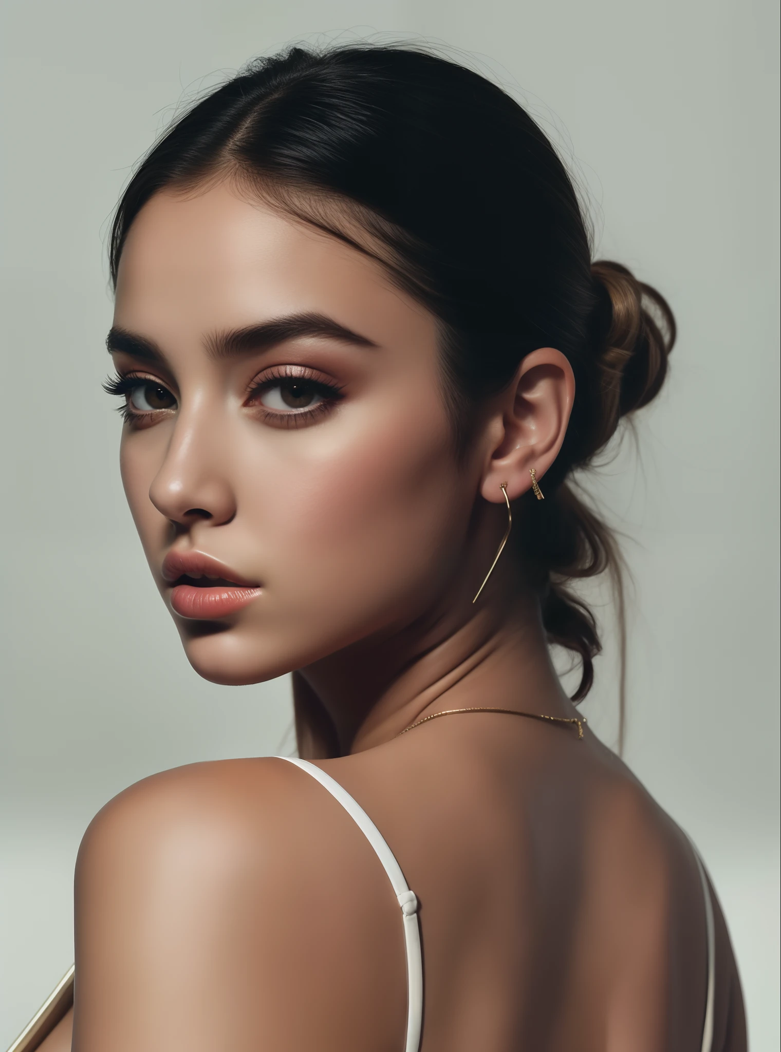 mulher arafed com um top branco e um colar e brincos, Retrato Sophie Mudd, Dua Lipa, Madison Beer Girl Retrato, flawless olive skin, retrato editorial, foto retrato suave 8 k, delicate soft hazy lighting, Cerveja Madison, luz suave do lado, Asher Duran, modelo editorial, Retrato de Ana de Armas, fotografia editorial, Foto de perfil
