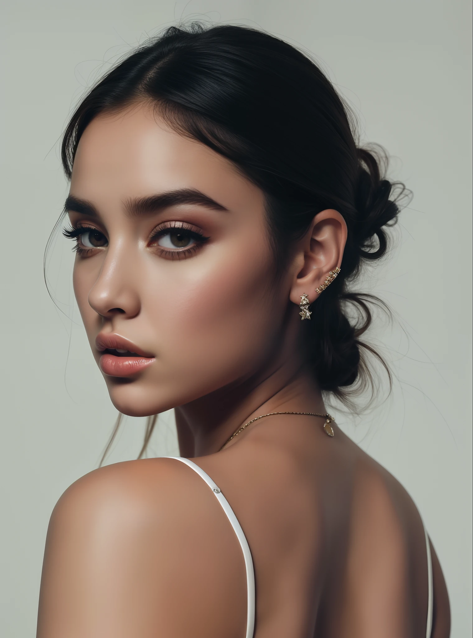 mulher arafed com um top branco e um colar e brincos, Retrato Sophie Mudd, Dua Lipa, Madison Beer Girl Retrato, flawless olive skin, retrato editorial, foto retrato suave 8 k, delicate soft hazy lighting, Cerveja Madison, luz suave do lado, Asher Duran, modelo editorial, Retrato de Ana de Armas, fotografia editorial, Foto de perfil