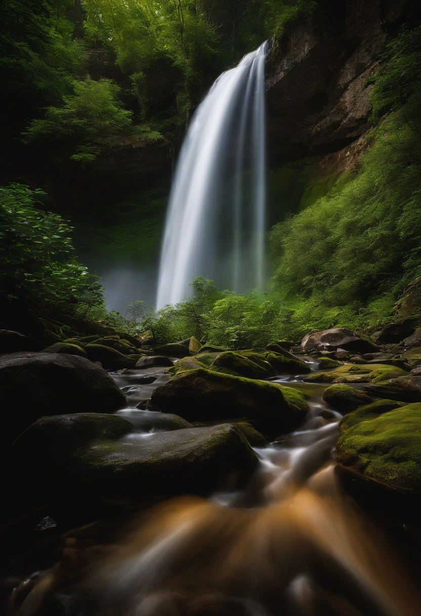 Photo of a waterfall with a rainbow flow in the middle, Rainbow River Falls, Cascading iridescent waterfalls, Bioluminescent waterfall, Nebula Falls, Shimmering iridescent water, Shining water, ethereal rainbows, magical colors and atmosphere, Galaxy Falls, magical colors and atmosphere, Alien Falls, Rainbow Pool, Beautiful spectrum of vibrancy