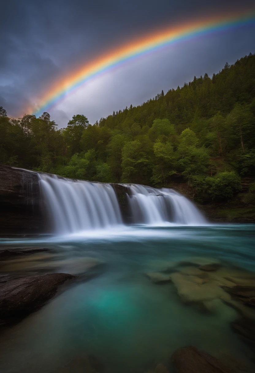 Photo of a waterfall with a rainbow flow in the middle, Rainbow River Falls, Cascading iridescent waterfalls, Bioluminescent waterfall, Nebula Falls, Shimmering iridescent water, Shining water, ethereal rainbows, magical colors and atmosphere, Galaxy Falls, magical colors and atmosphere, Alien Falls, Rainbow Pool, Beautiful spectrum of vibrancy