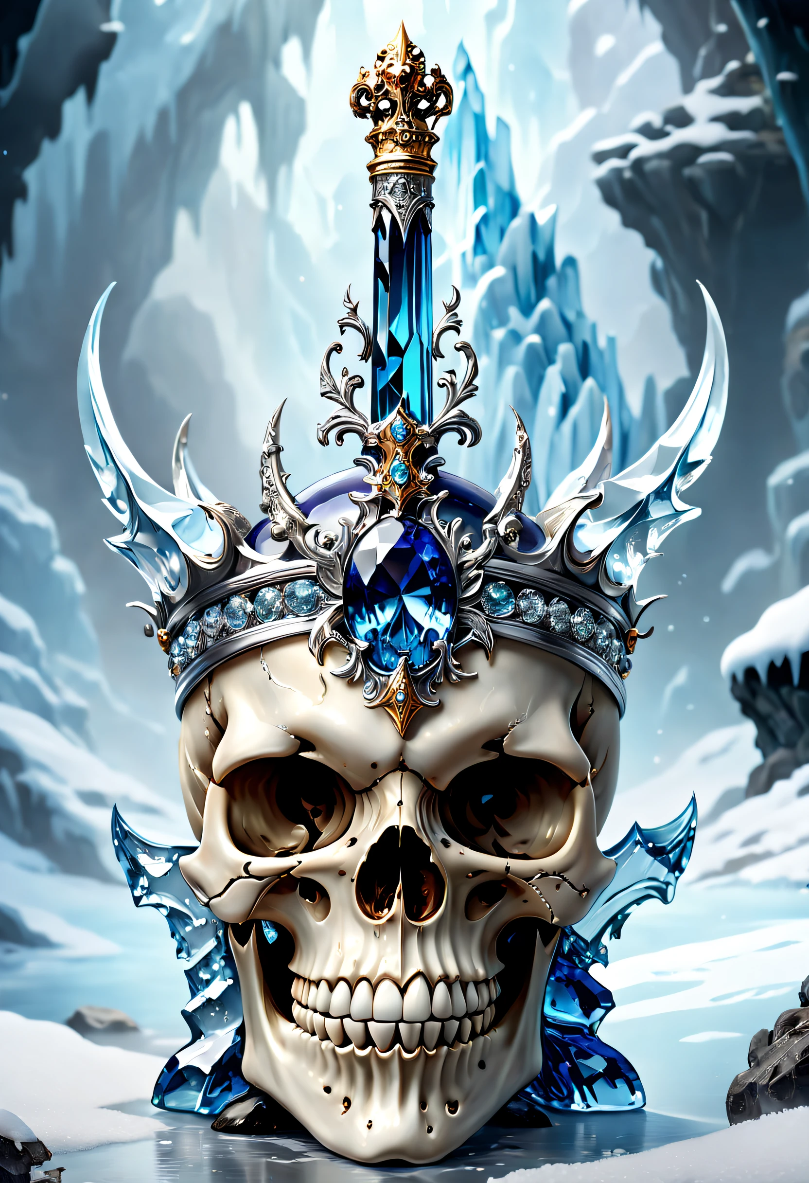 (Best quality,4K,8K,A high resolution,Masterpiece:1.2),Ultra-detailed,(Realistic,Photorealistic,photo-realistic:1.37),Legendary scepter,Exquisite craftsmanship,adorned with intricate carvings,Made of crystal and platinum,On top of a skull,Magical ice world background