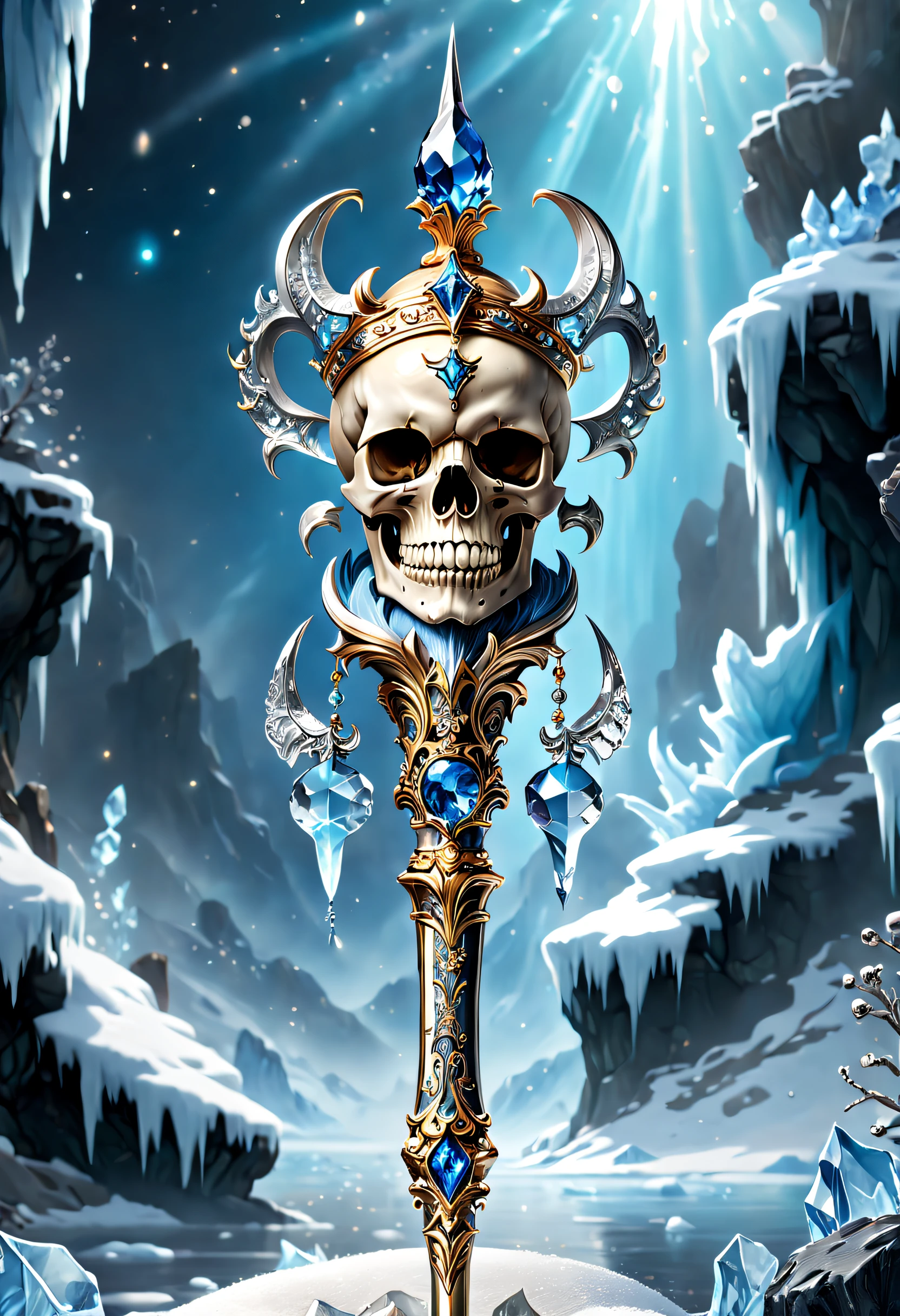 (Best quality,4K,8K,A high resolution,Masterpiece:1.2),Ultra-detailed,(Realistic,Photorealistic,photo-realistic:1.37),Legendary scepter,Exquisite craftsmanship,adorned with intricate carvings,Made of crystal and platinum,On top of a skull,Magical ice world background