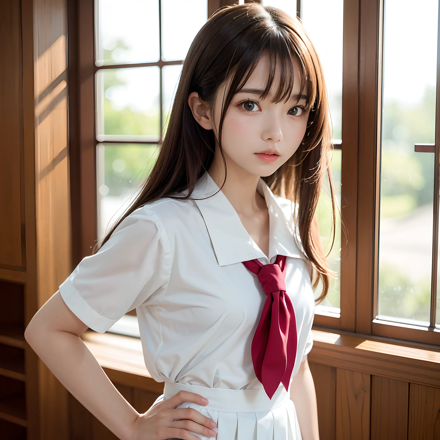 (masutepiece, Best Quality:1.2), 8K, Official art, Raw photo, Full Bord Bill Four、The front of the uniform is open、Going to school、Beautiful breasts are thin、14years、small tits、unbelievable Ridiculous, (Upper body、校服:1.4), Beautiful Girl, Pretty Face, arching back down,、Gold hair ornament on hair、close up, Sailor Suit, Short sleeve, violaceaess, Teen, Looking at Viewer, Film grain, chromatic abberation, Sharp Focus, face lights, Dynamic lighting, Cinematic lighting, Eyes and faces with detailed, Bokeh background,